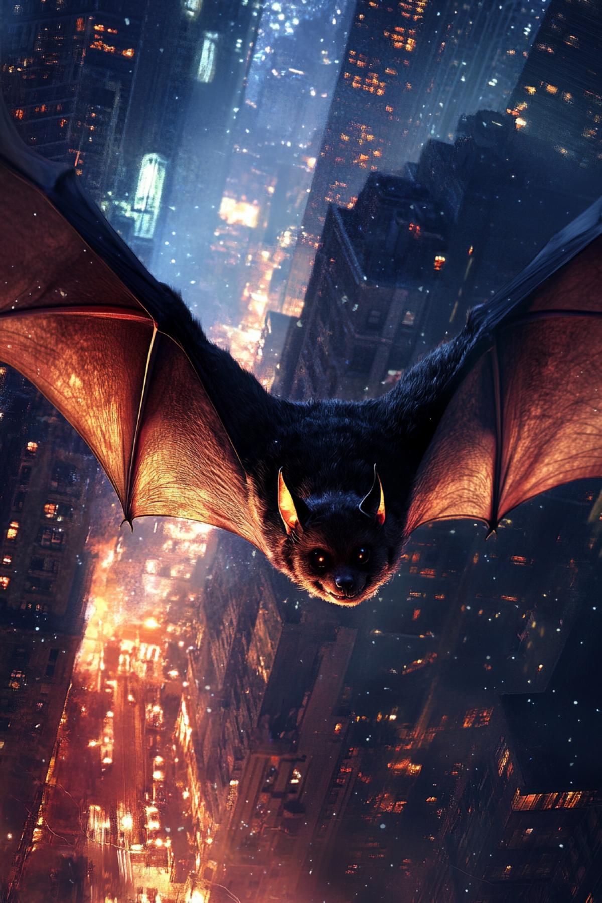 Bat. . Imagine a graceful night creature, sliding in the dusk between the stars or neon lights of the big city. It is necessary to generate the image of a bat in an unusual angle and atmosphere.