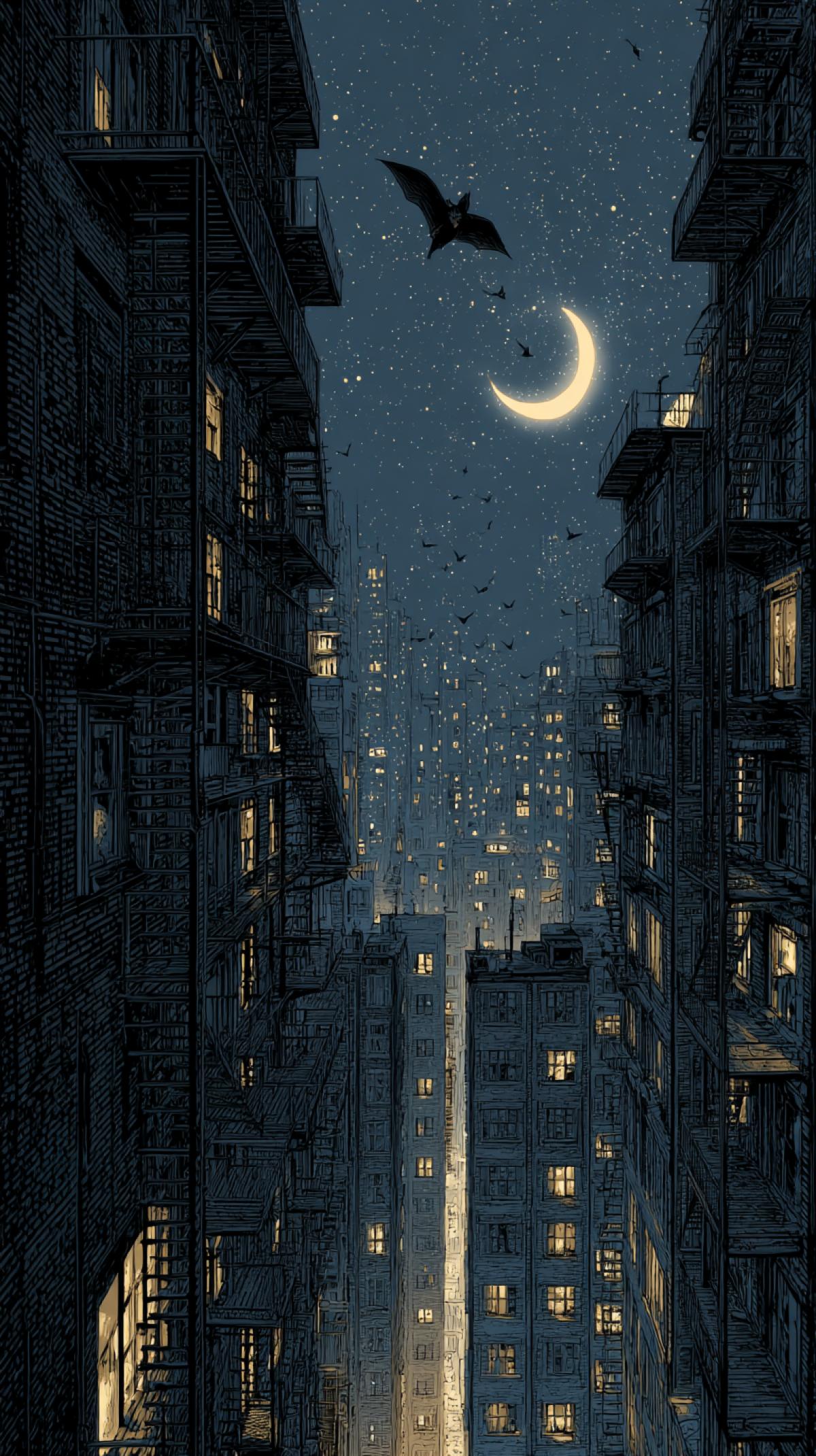 Bat a mouse who is climbing among the highrise night buildings of the city