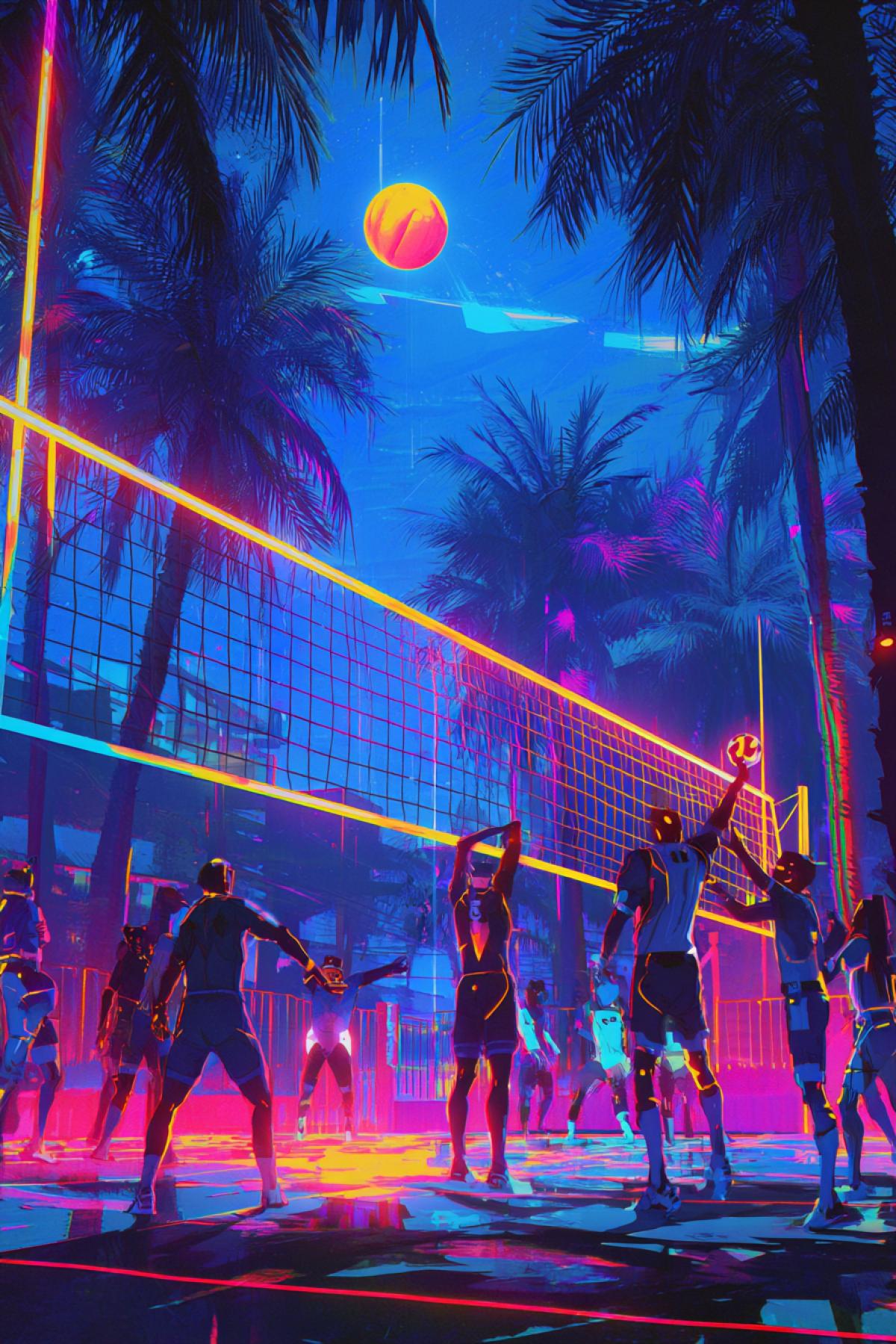 Neon beach volleyball match at night, glowing net and ball, players with cybernetic enhancements, neon palm trees in background, synthwave color palette, hyper-realistic, dynamic motion blur, 4K
