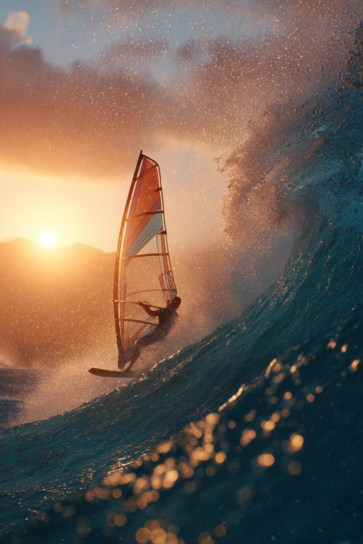 Extreme windsurfing at golden sunset, turquoise waves crashing, athlete in motion with vibrant sail, water splashes frozen in air, photorealistic, 8K, ultra-detailed, cinematic lighting, depth of field, Hawaii vibes