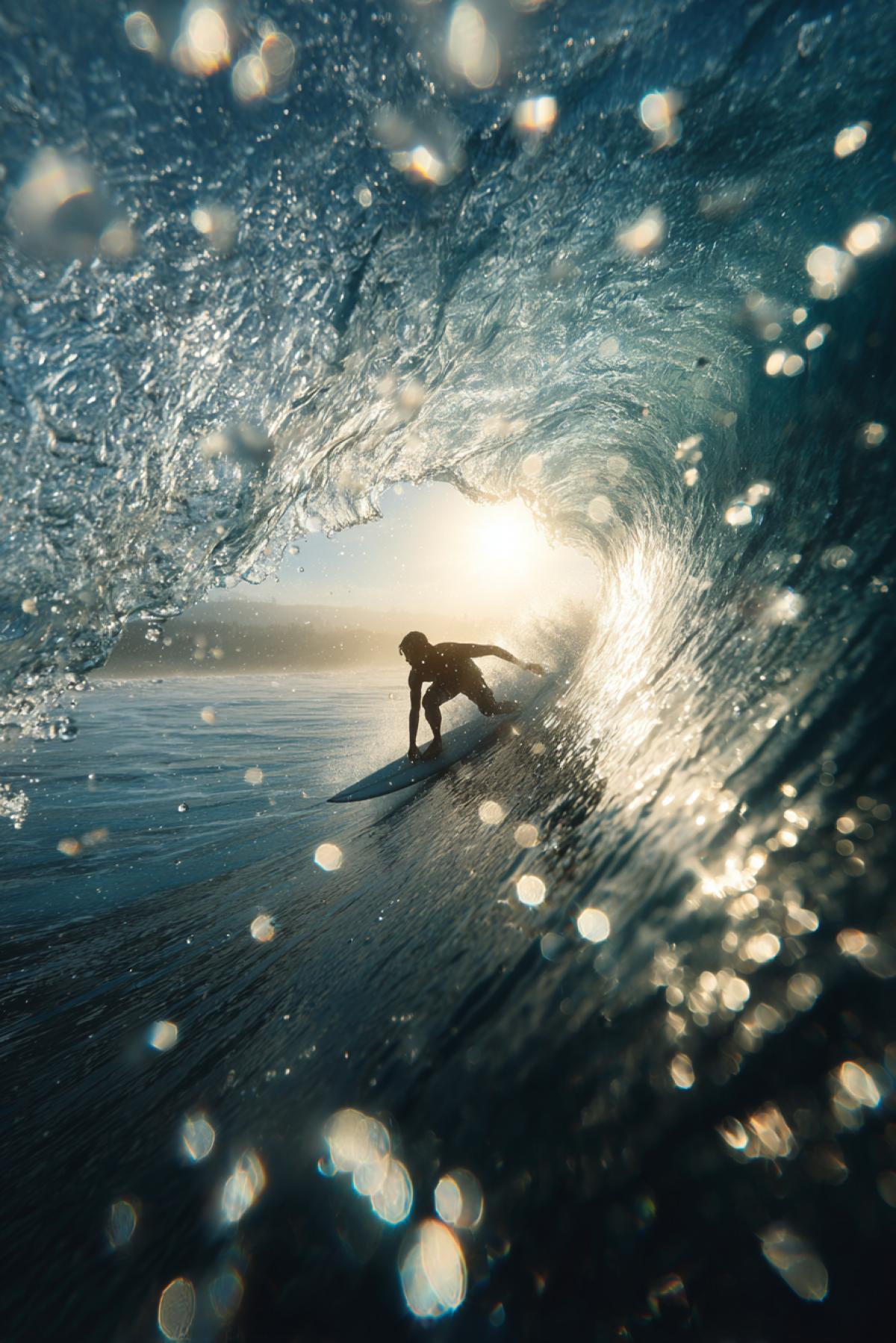 Surfer riding a massive barrel wave, sunlight piercing through water, slow-motion splash in 8K, photorealistic, detail of droplets on skin, ocean haze, award-winning nature photography style