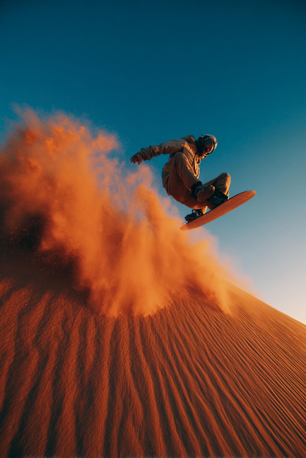 Athlete doing a backflip on sandboard down red desert dunes, motion dust clouds, golden hour light, wide-angle shot, National Geographic adventure style, high saturation, 8K