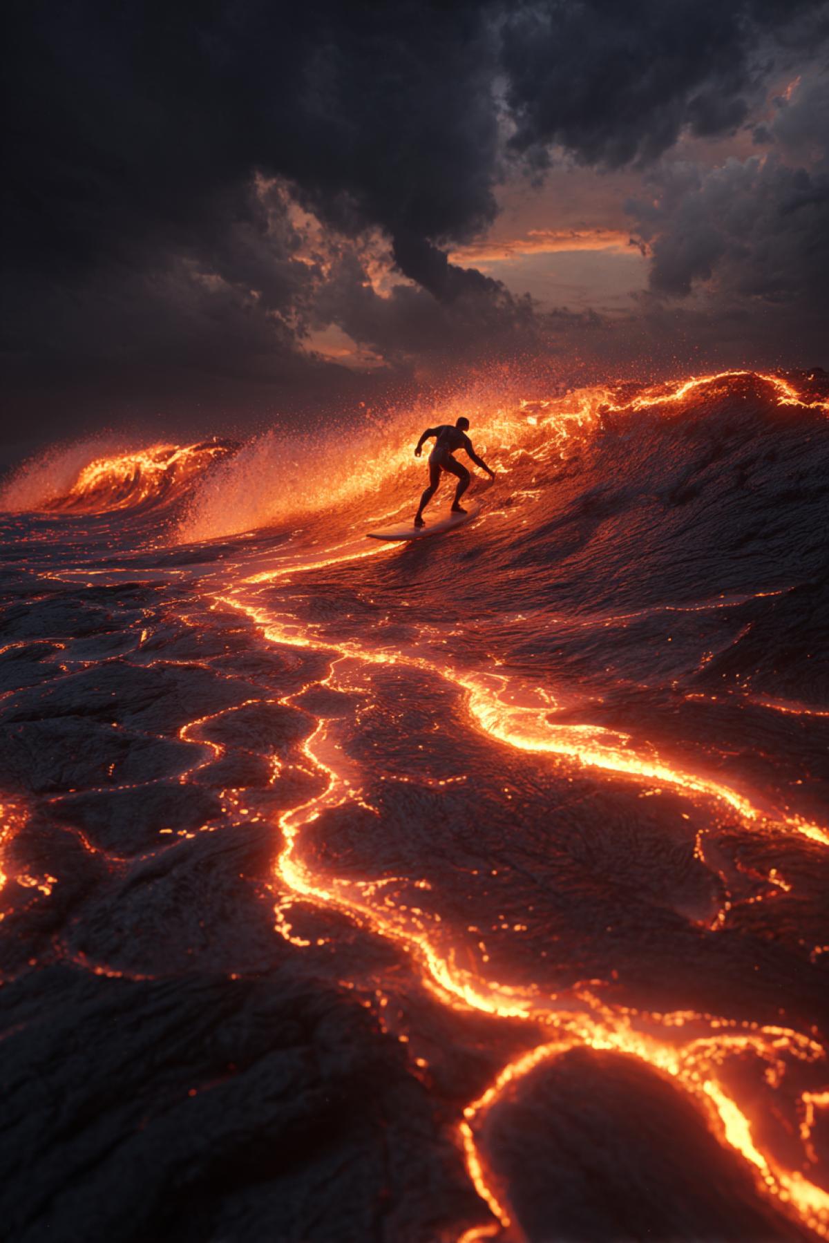 Surfer riding a wave of liquid lava, glowing cracks in the dark sand, ash clouds in sky, steampunk heat-resistant suit, ultra-photorealistic, 8K, HDR, fantasy-adventure movie still