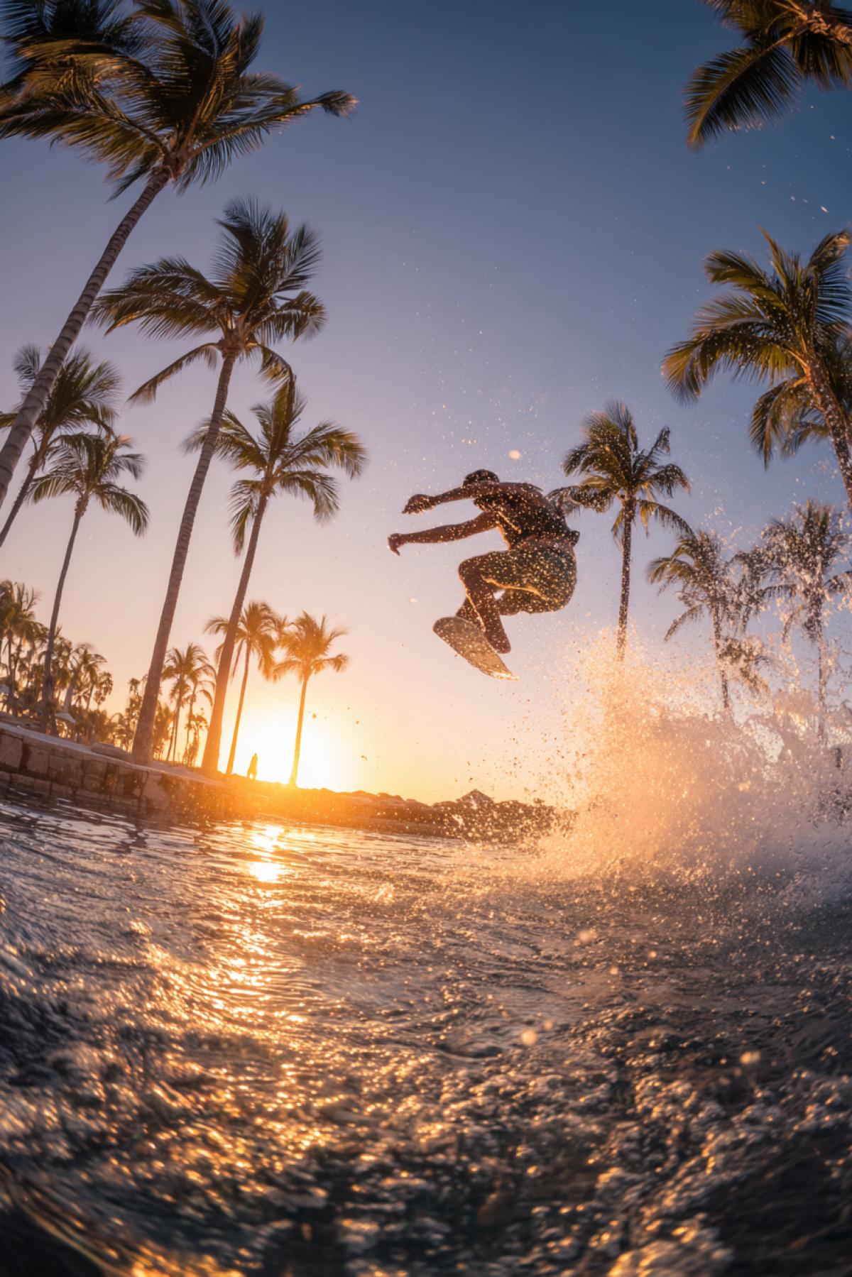 Athlete parkouring between swaying palm trees over ocean, slow-motion mid-flip, golden sunset reflecting on water, sweat droplets frozen in air, GoPro POV shot, ultra-HD, adrenaline vibe
