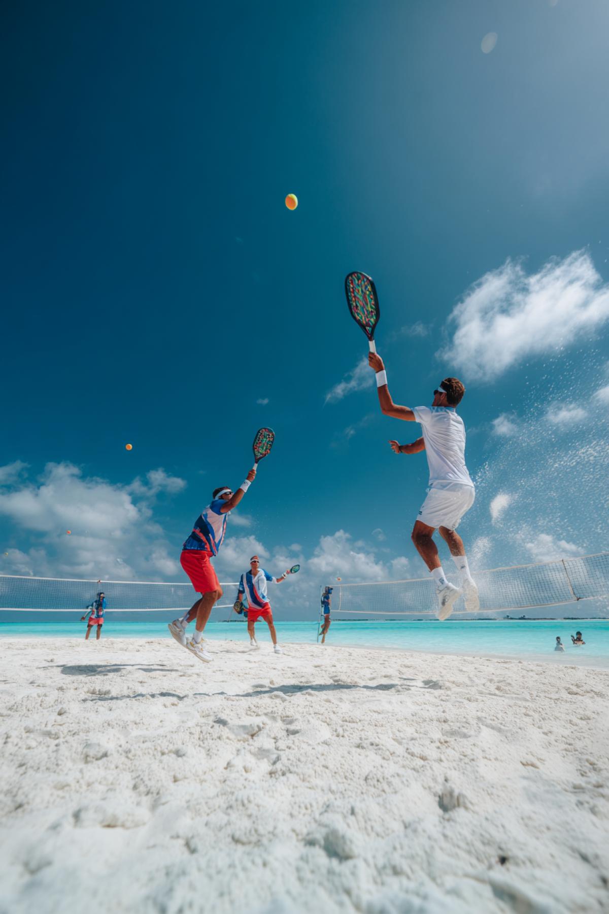 Professional beach tennis match on Maldives-white sand, players mid-air in dramatic 4ks, sweat flying, turquoise ocean backdrop, high-fashion sportswear in bold colors (crimson vs. cobalt), Hasselblad photography, 8K, ultra-sharp details, motion blur on racket swing, luxury summer vibes