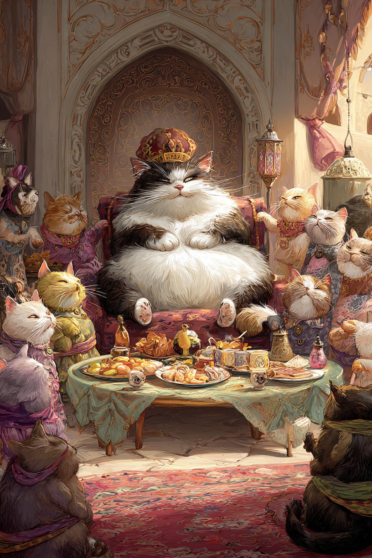 Very fat handsome fluffy Tomcat sitting in his throne in front of small table with tasty snacks watching twelve beautiful catcats dancing in a row Oriental style highly detailed ironic art expressing light-mindness and rich life Arabian nights style illustration