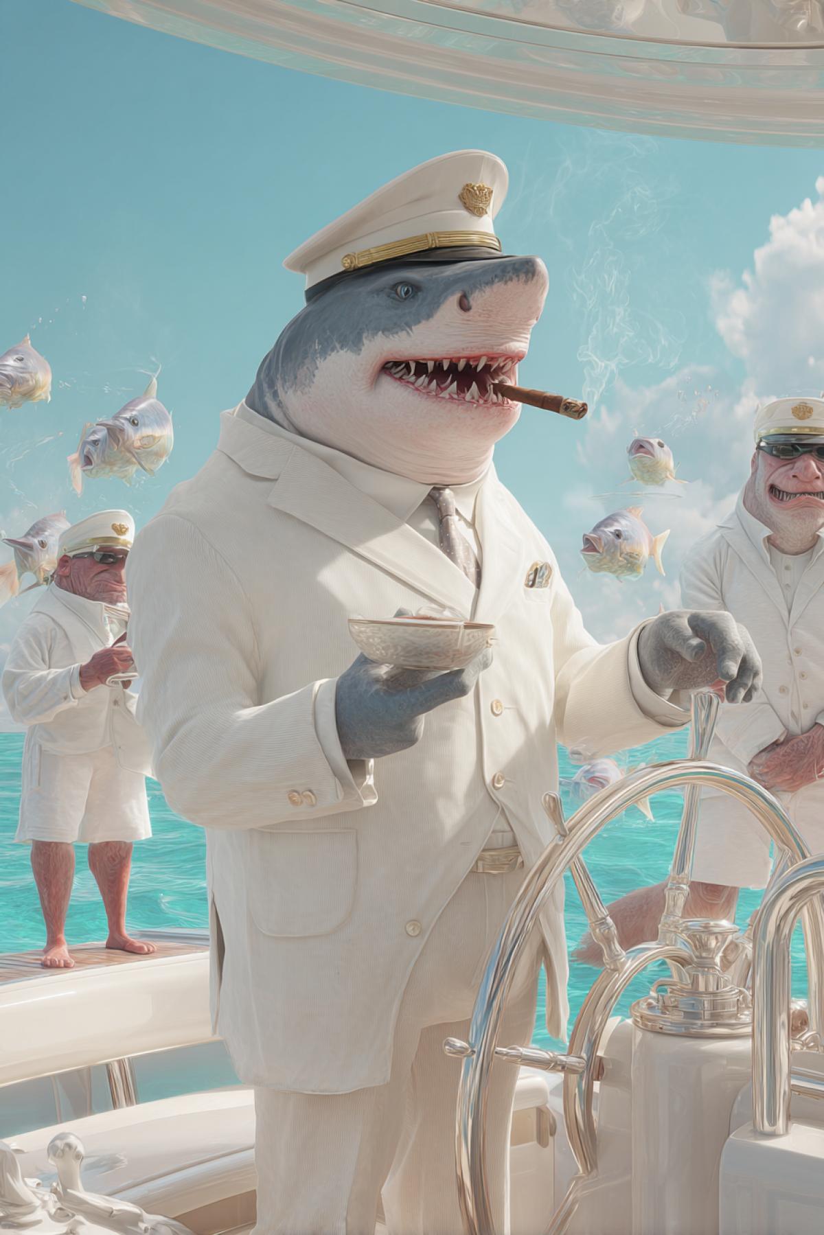 Great white shark in a white linen suit and captain’s hat, cigar in teeth, steering a mega-yacht in Monaco, shorts-clad fish assistants, crystal-clear turquoise water, sunset glow, ultra-HD, Pixar-style realism, opulent details