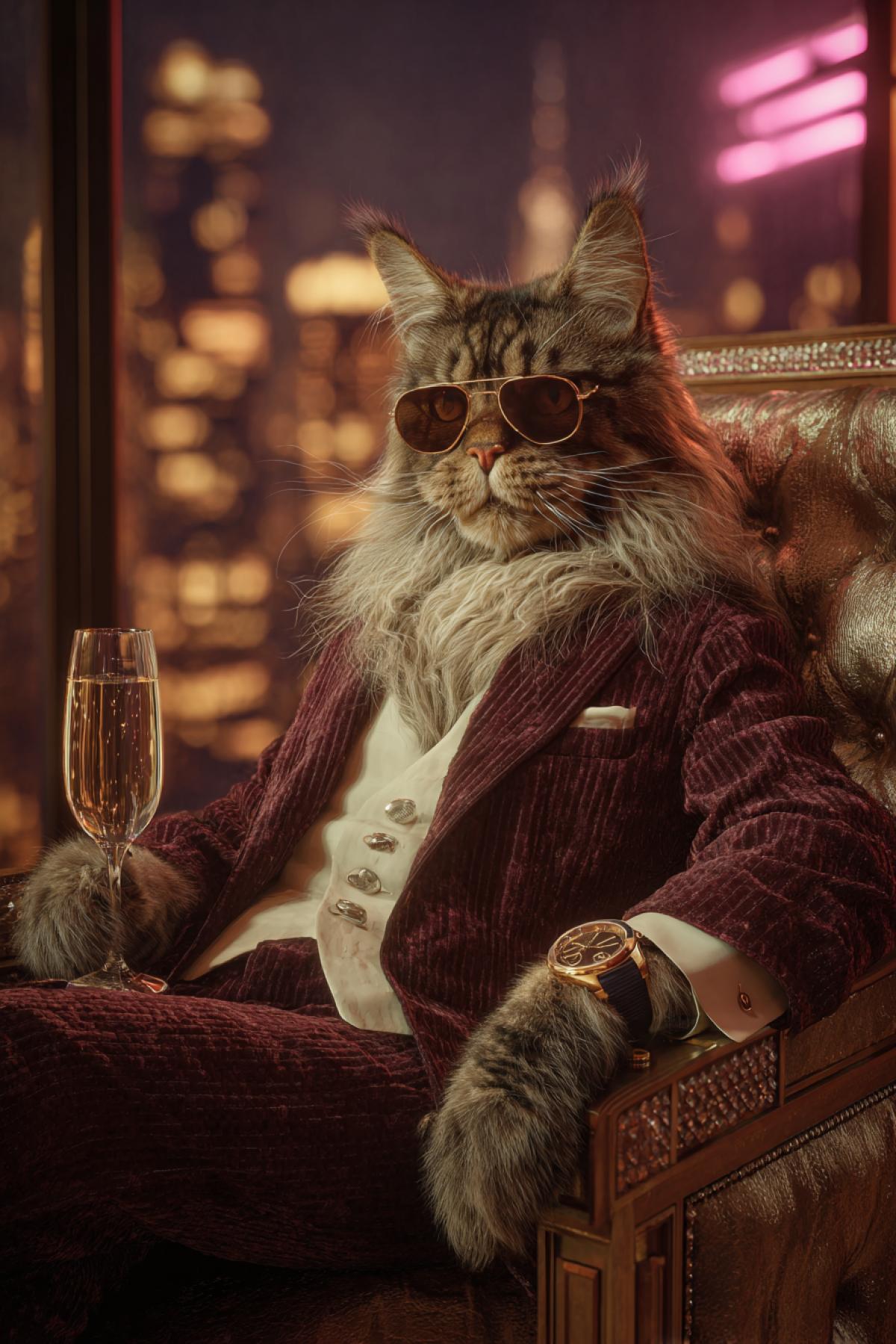 MaineCoon cat in a tailored velvet suit, lounging on a diamond-encrusted chaise lounge, gold Rolex on wrist, skyline view from a NYC penthouse, champagne glass in paw, neon lights reflecting in sunglasses, hyper-realistic, 8K, cinematic lighting, luxury aesthetic