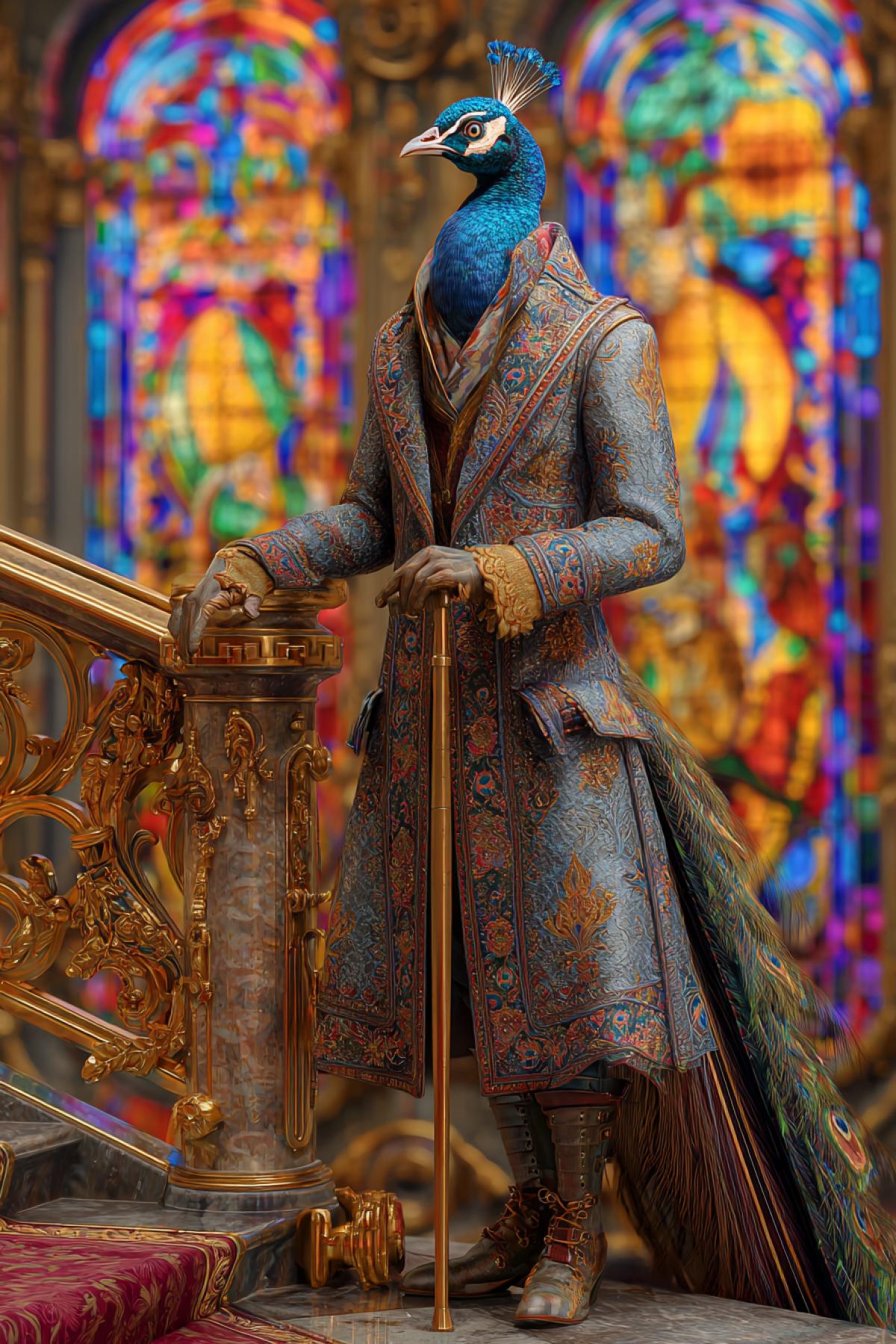 Majestic peacock in a Baroque brocade coat, posing on a gilded throne room staircase, jeweled cane, stained glass windows casting rainbow light, marble floors, oil painting style, 18th-century extravagance, 8K resolution