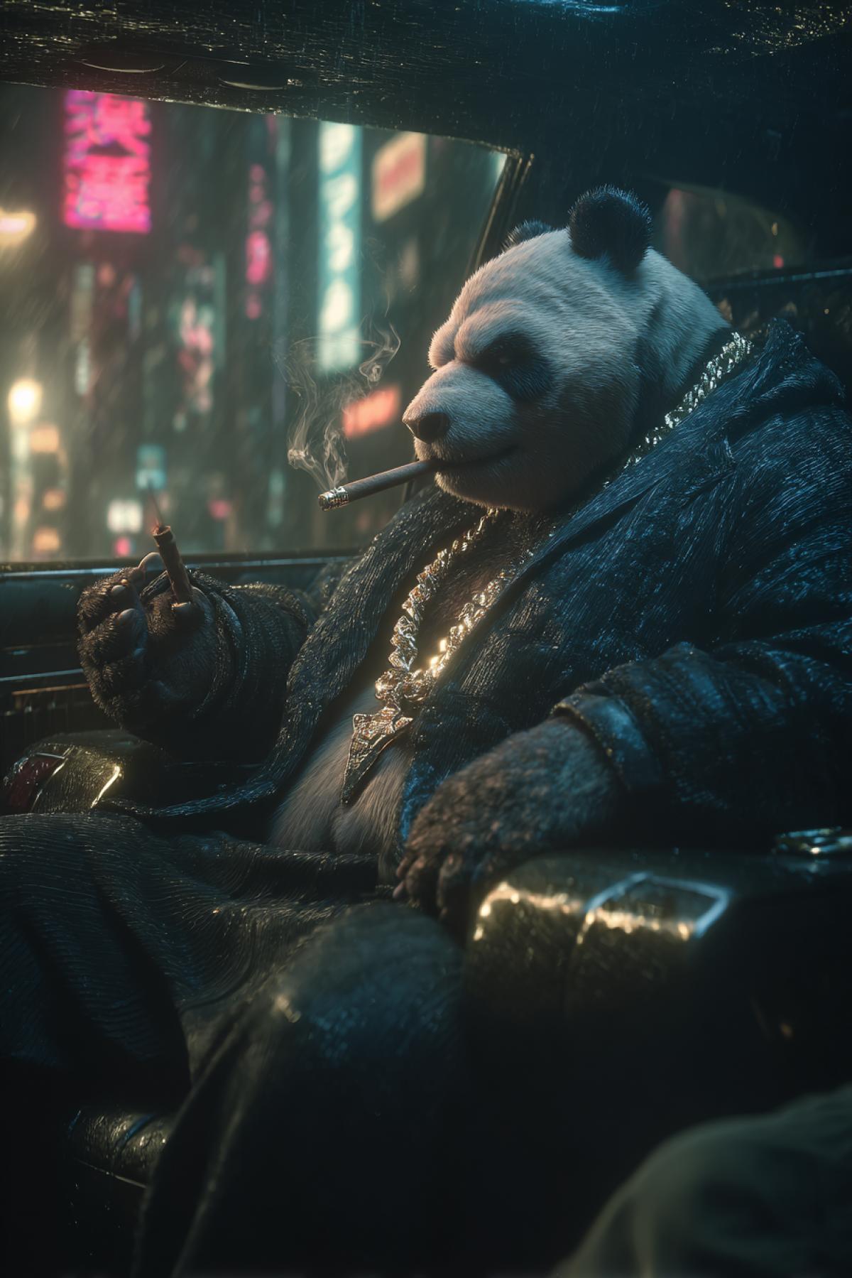 big panda in a dark mink coat, diamond chain, smoking a cigar in a stretched limo, guard rhinos outside, neon Hong Kong streets at night, rain-soaked pavement reflecting lights, ultra-realistic, cinematic com4k