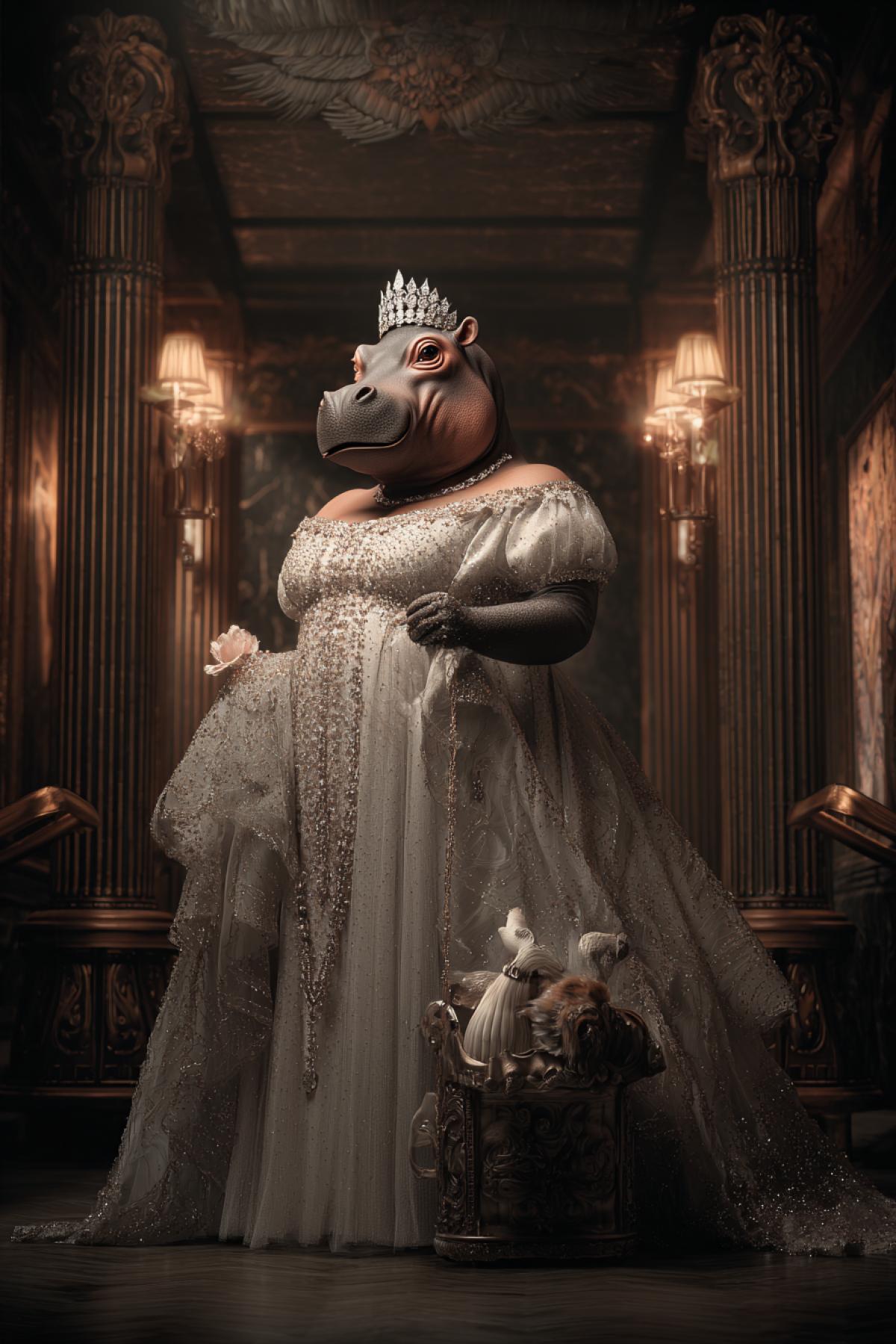 pretty hippo in a Swarovski-encrusted gown, paparazzi crocodiles flashing cameras, diamond tiara, vintage Hollywood backdrop, Old Money elegance, 8K, fashion photography lighting