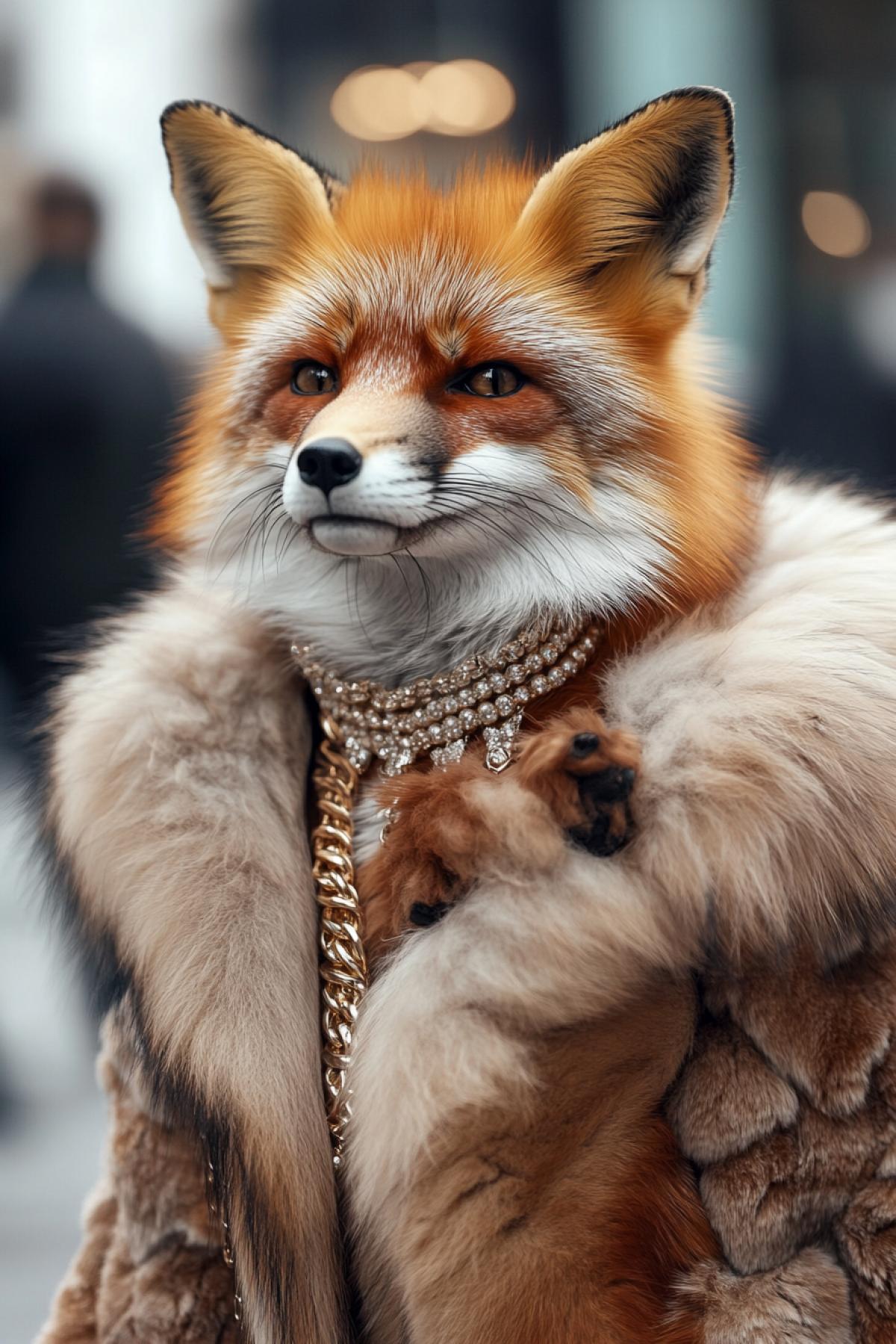 The fox in an expensive fur coat, in jewelry and with a small dog walks around the city