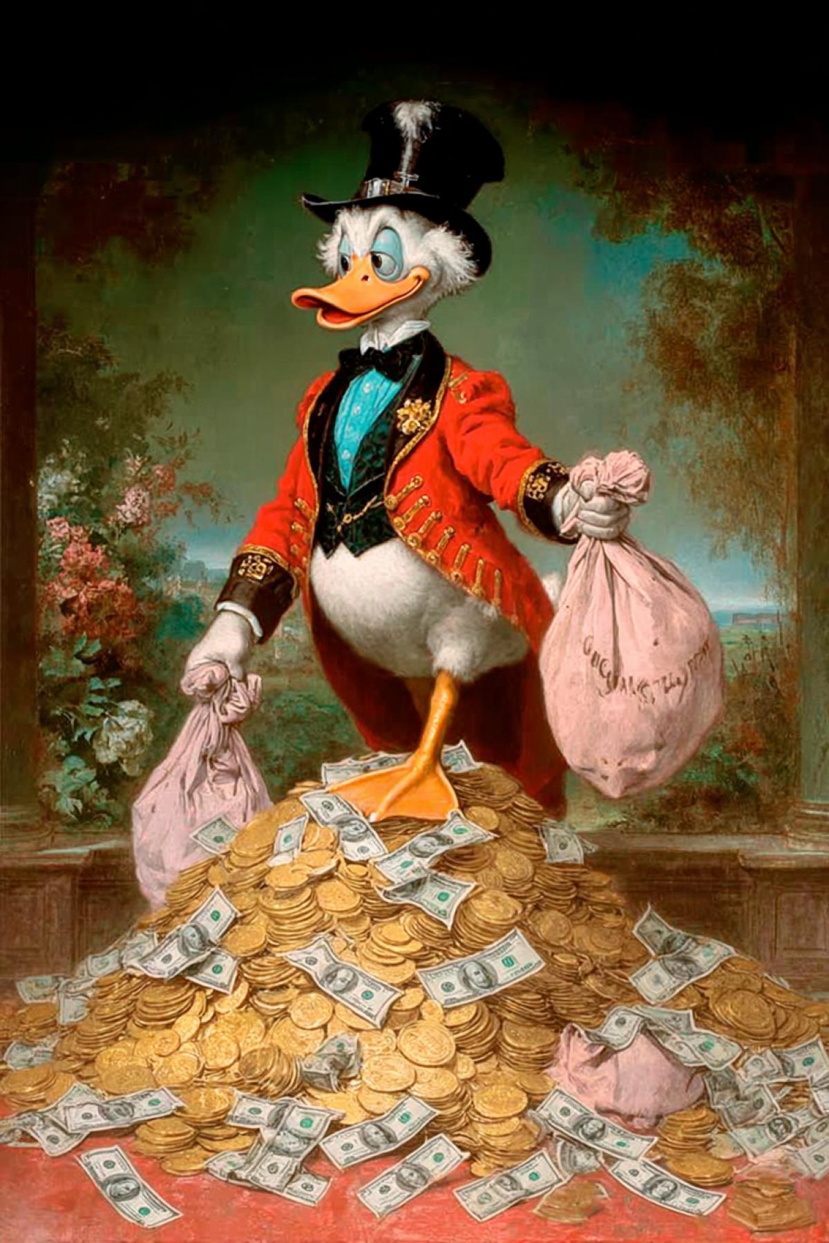 A still from a movie about the luxurious life of wealthy people. A humanoid white duck is dressed in an expensive tailcoat, wearing a top hat and pince-nez. It stands on a big pile of gold coins and dollar bills. Every detail of the image is meticulously crafted.