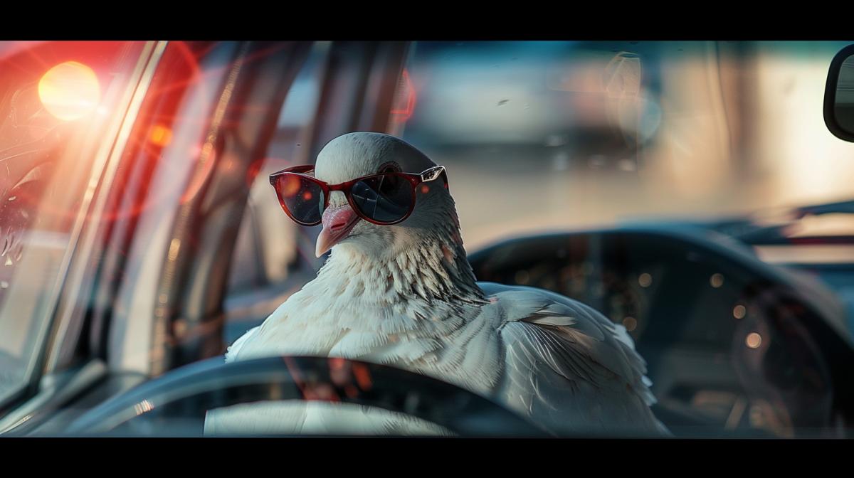 Dove in dark glasses sits behind the wheel in the car