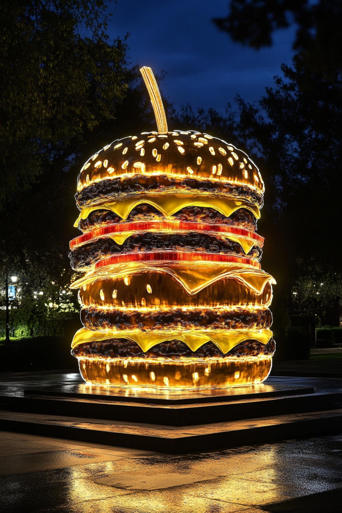 A monument in the form of a hamburger, illuminated from all sides, in the style of Hollywood