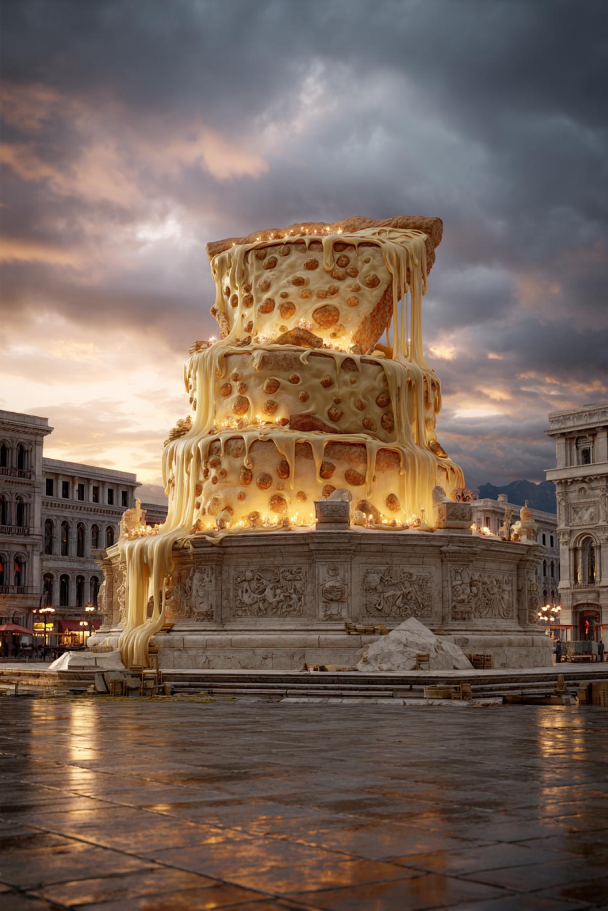 big marble pizza monument on a grand pedestal, melted cheese stretching like a waterfall, golden crust with intricate carvings of olives and basil, Italian Renaissance style, sunset over a piazza, hyper-realistic, 8K, cinematic lighting, foodie grandeur