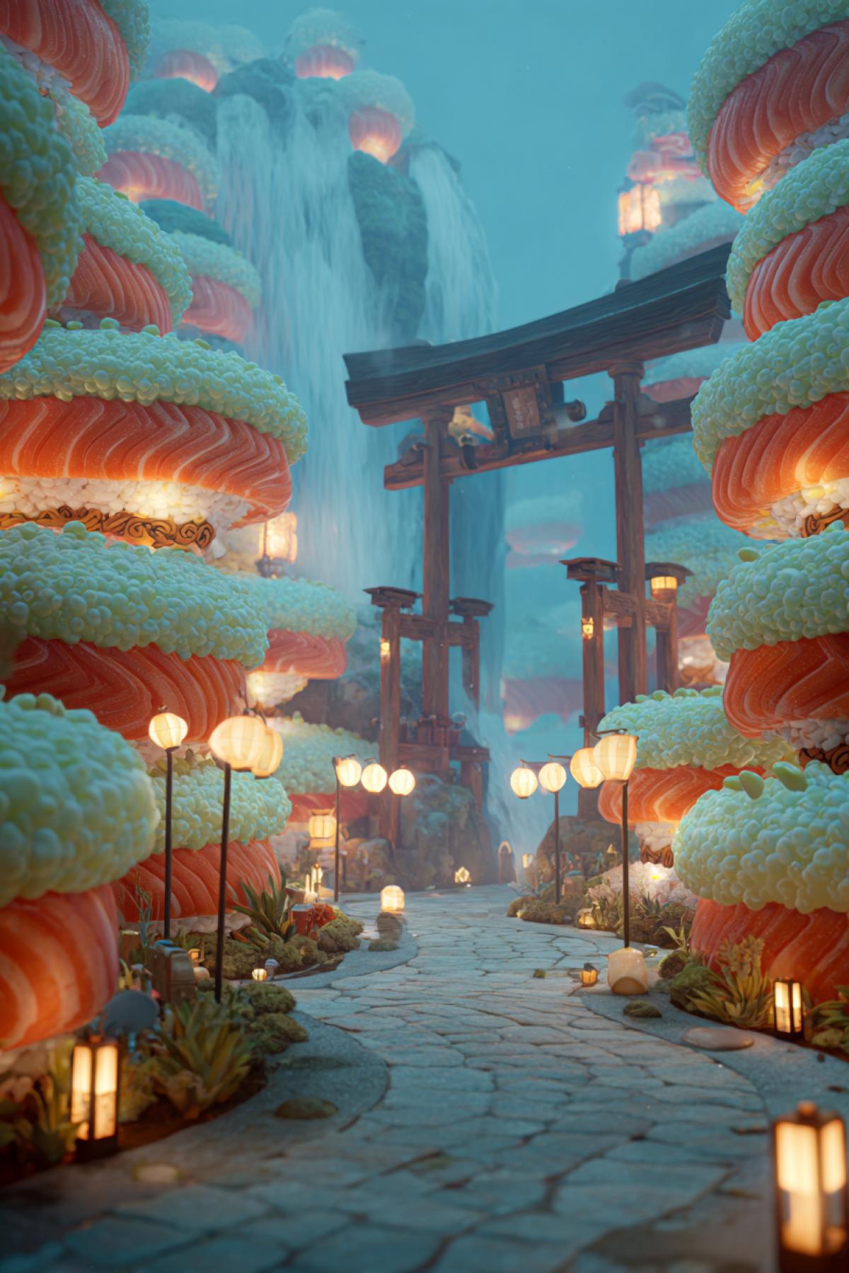 Ancient Japanese temple made of big sushi rolls, torii gate from pickled ginger, wasabi waterfalls, glowing salmon lanterns, misty atmosphere, Studio Ghibli meets food fantasy, 8K, whimsical yet serene
