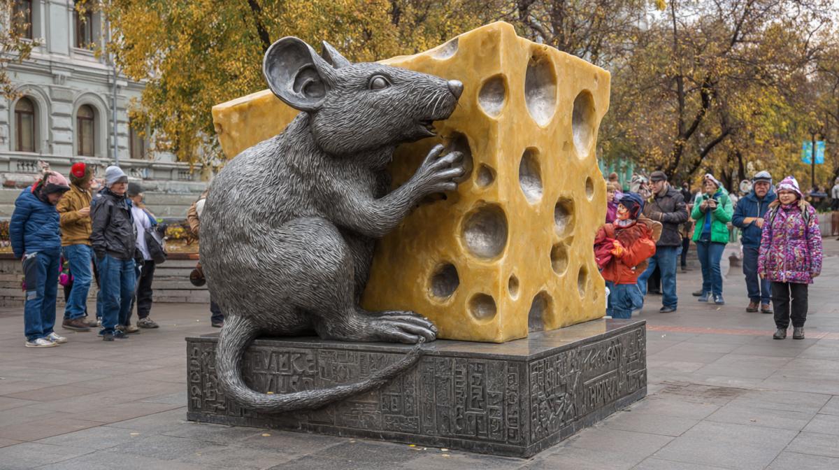 Live mice on excursions consider with enthusiasm a monument to a piece of cheese, sculpture of cheese. Picksar