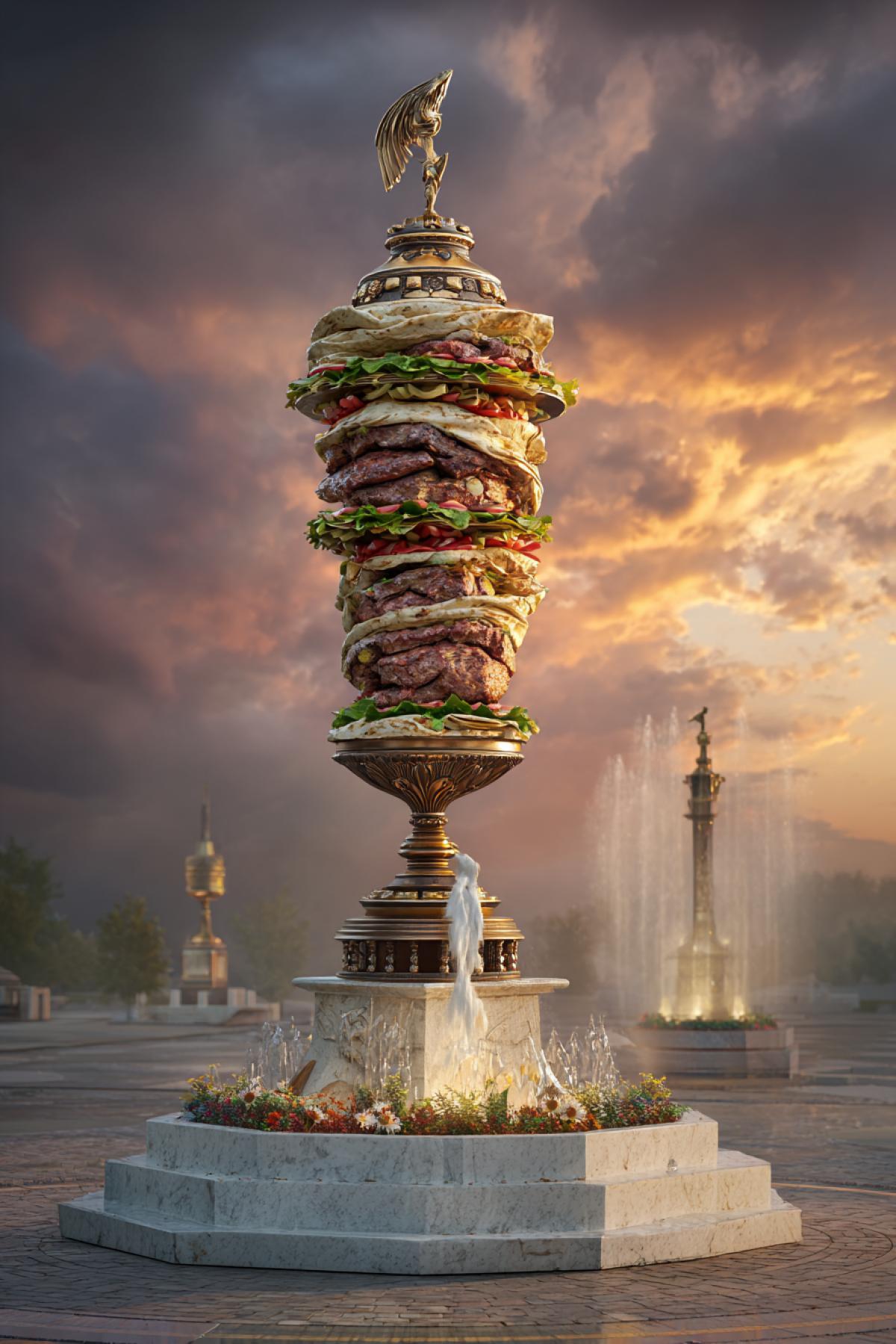 big shawarma of bronze on a marble pedestal, with detailed layers of meat, vegetables and sauce, in the style of Soviet monumentalism, a fountain of garlic sauce at the base, 8k, epic lighting of sunset