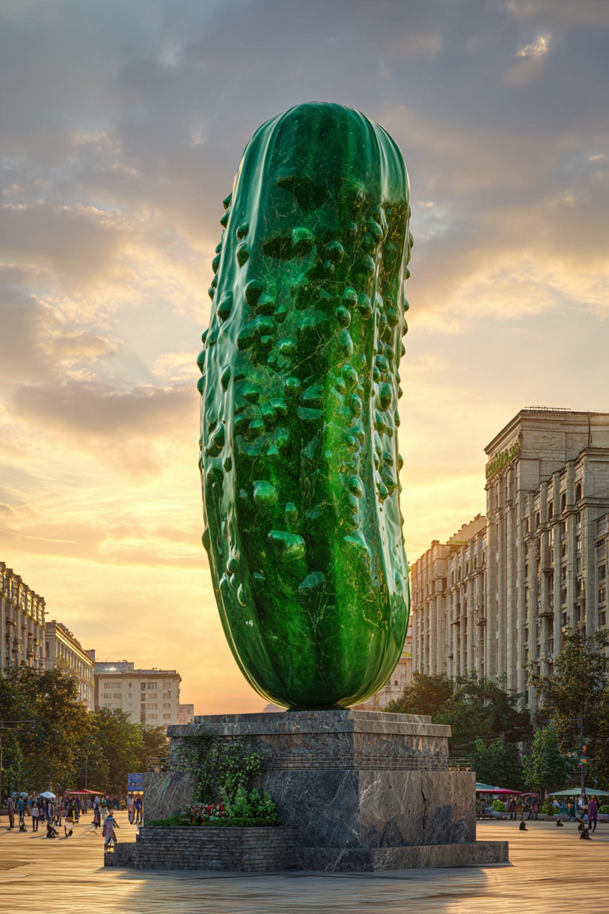 Monumental 10-meter tall pickle statue made of polished green marble, standing on a massive stone pedestal in the center of a city square, Soviet-style socialist realism art, hyper-detailed texture of cucumber bumps, dramatic sunset lighting, 8K, surrounded by tiny human figures for scale