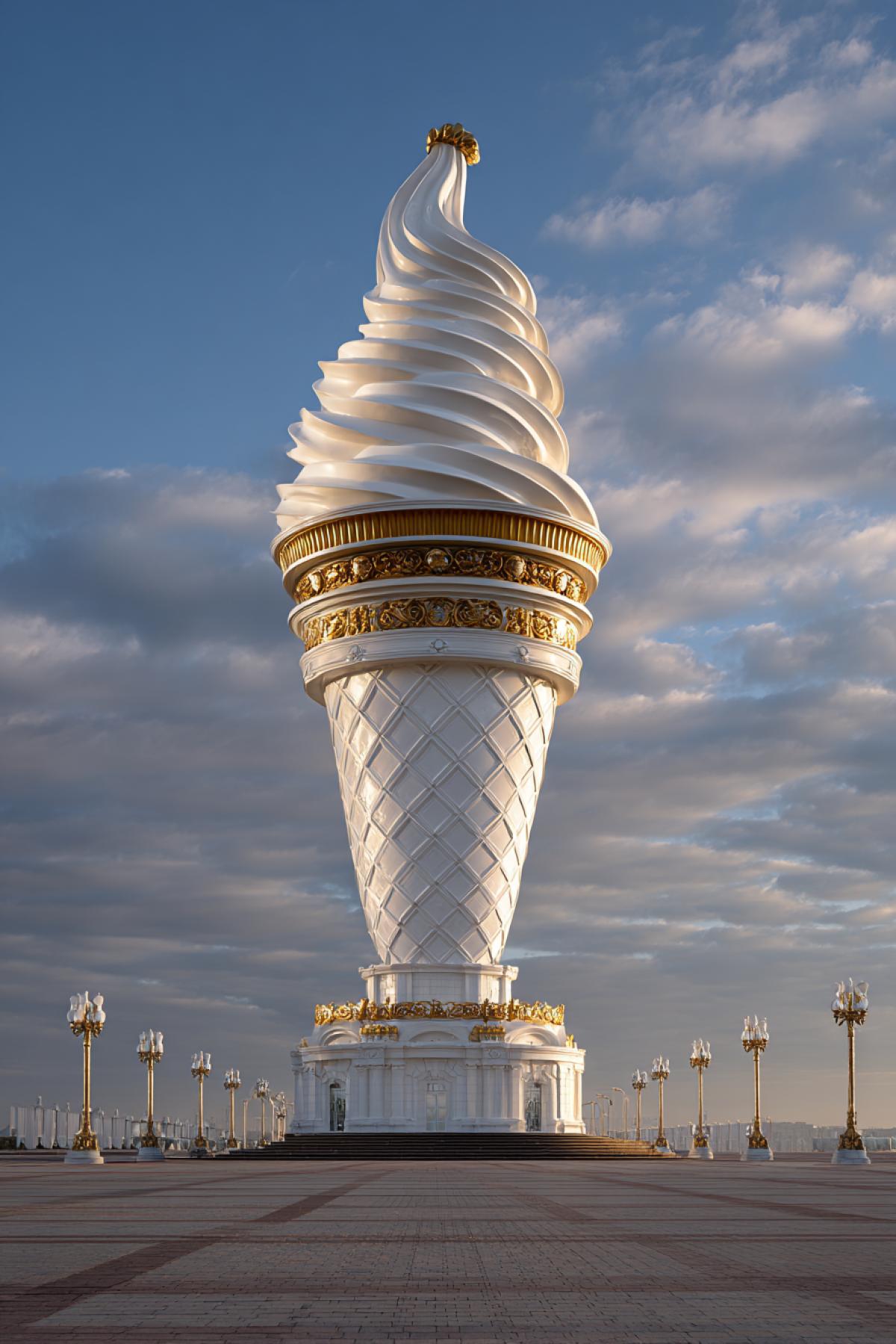 A 25-meter monument of ice cream of big waffle glass, made of white granite with gold trim, solemn morning lighting.