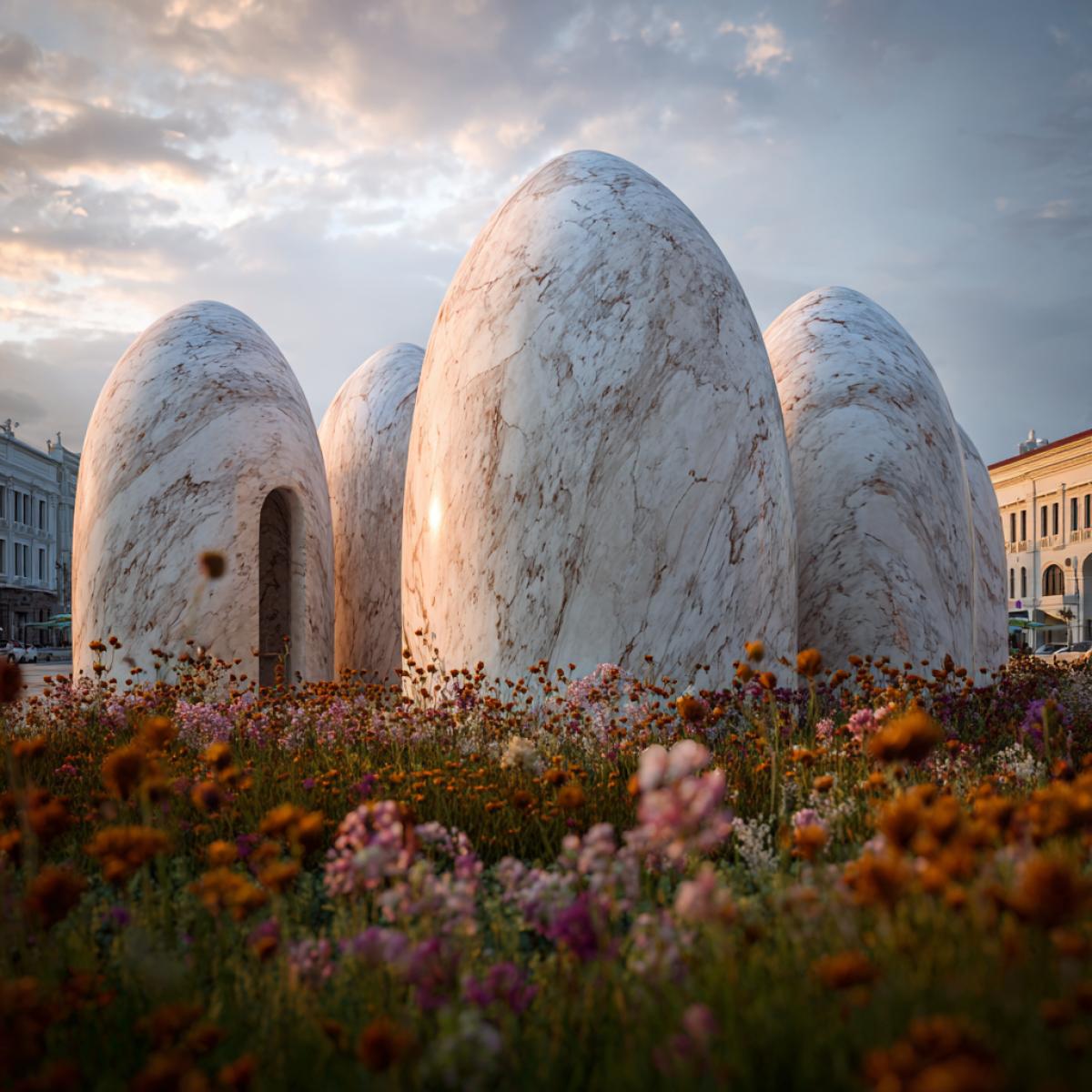 big marble dumplings standing on a flowerbed in the city center