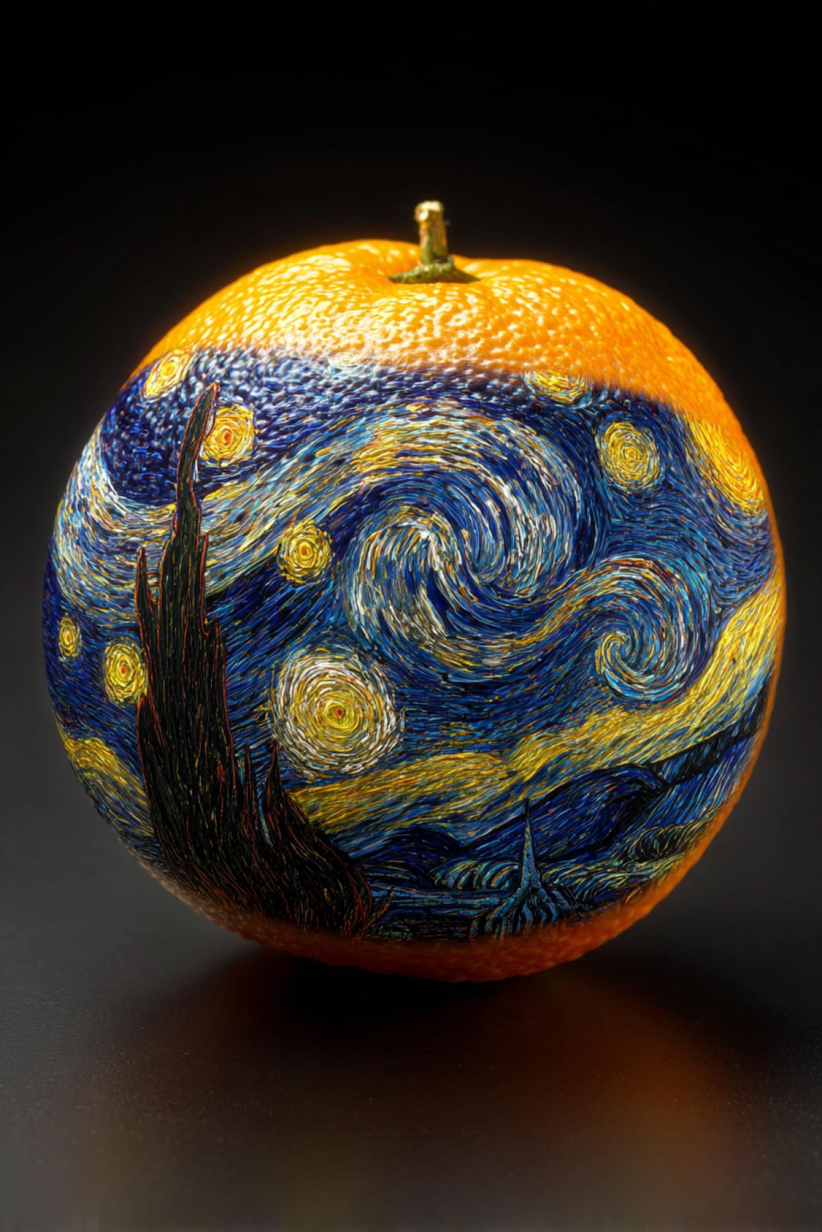 Photorealistic whole orange with Van Goghs Starry Night perfectly recreated on its peel using thick oil paints, the citrus texture visible beneath brushstrokes, dramatic museum lighting against dark background, 8K still life