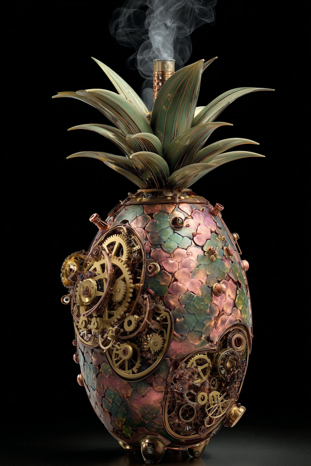 Hyper-detailed steampunk pineapple with visible brass gears and mechanisms replacing its natural patterns, copper-plated leaves, emitting soft steam from its crown, industrial fruit design, 8K render