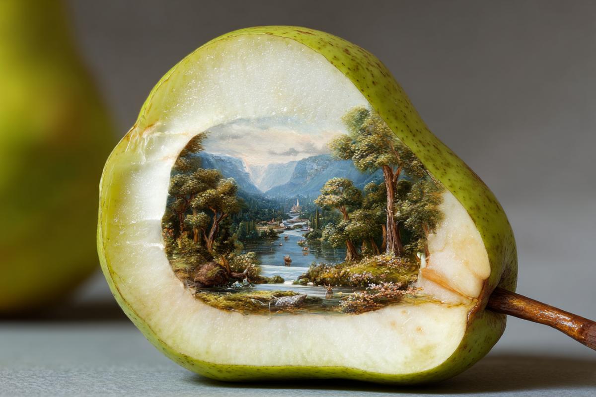 A ripe pear sliced horizontally to reveal a delicate watercolor landscape painting inside its body, with tiny lakes and forests visible in the cross-section, mounted on an easel as an art piece, 8K macro shot