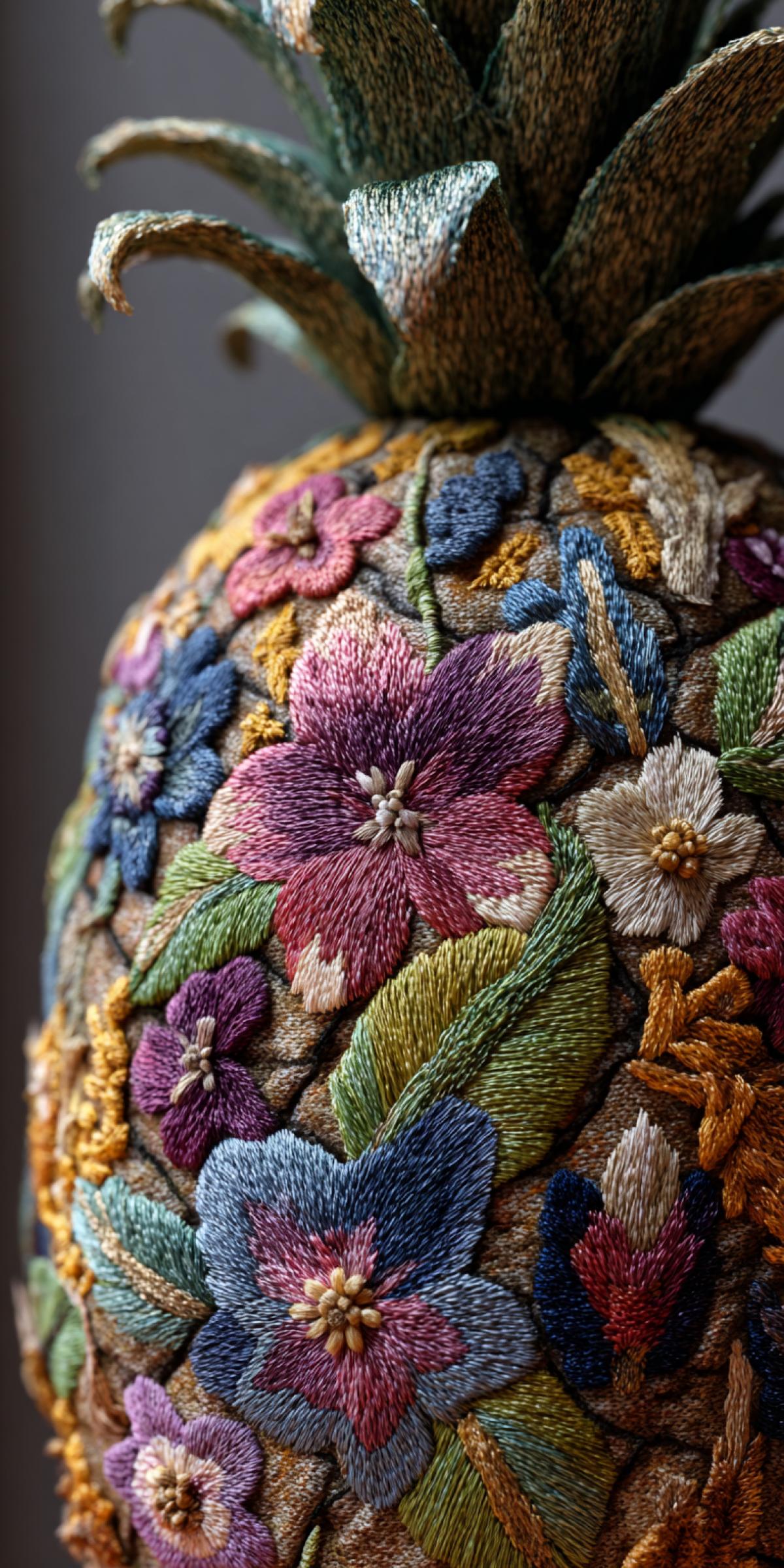A pineapple with its skin transformed into an embroidered textile art piece, showing floral patterns stitched with actual threads into the rough surface, presented as a wall sculpture in a gallery, 8K textured detail
