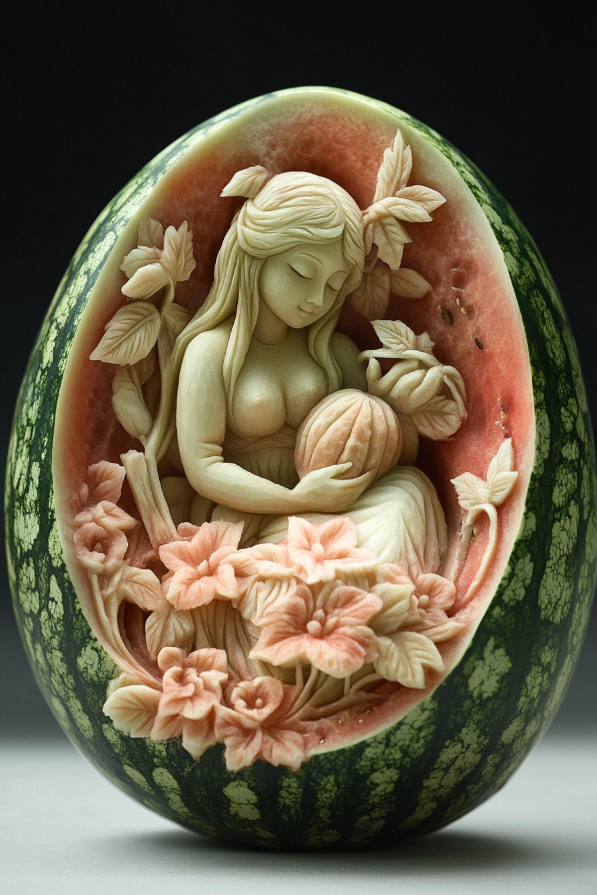 In the watermelon, a carved beautiful picture