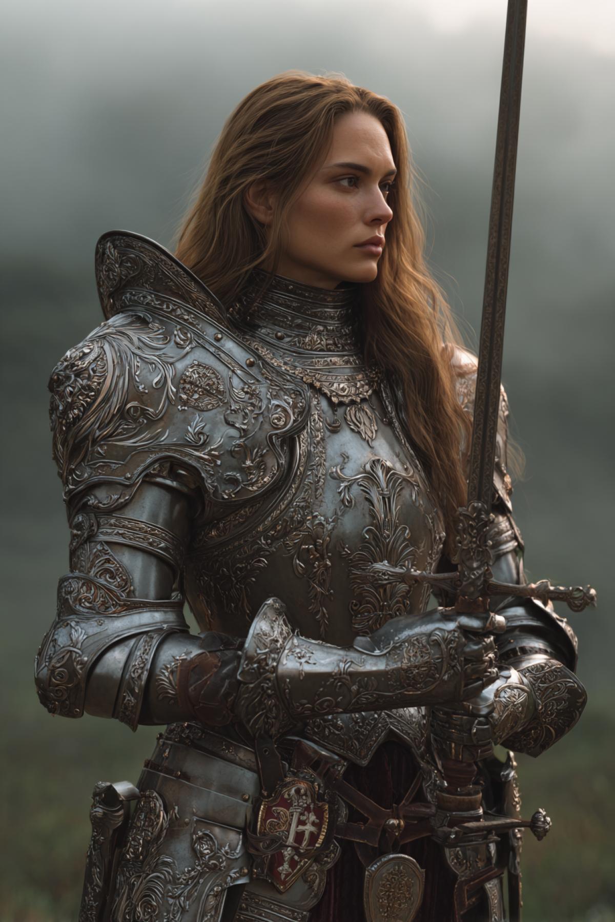 A noble female knight in intricately crafted Gothic plate armor, adorned with delicate rose engravings and silver filigree, standing atop a misty battlefield at dawn. Her long hair flows from beneath a winged great helm, clasping a zweihänder with ceremonial grace. Ultra-realistic, 8K, cinematic lighting, medieval portrait style with rich velvet and heraldic details