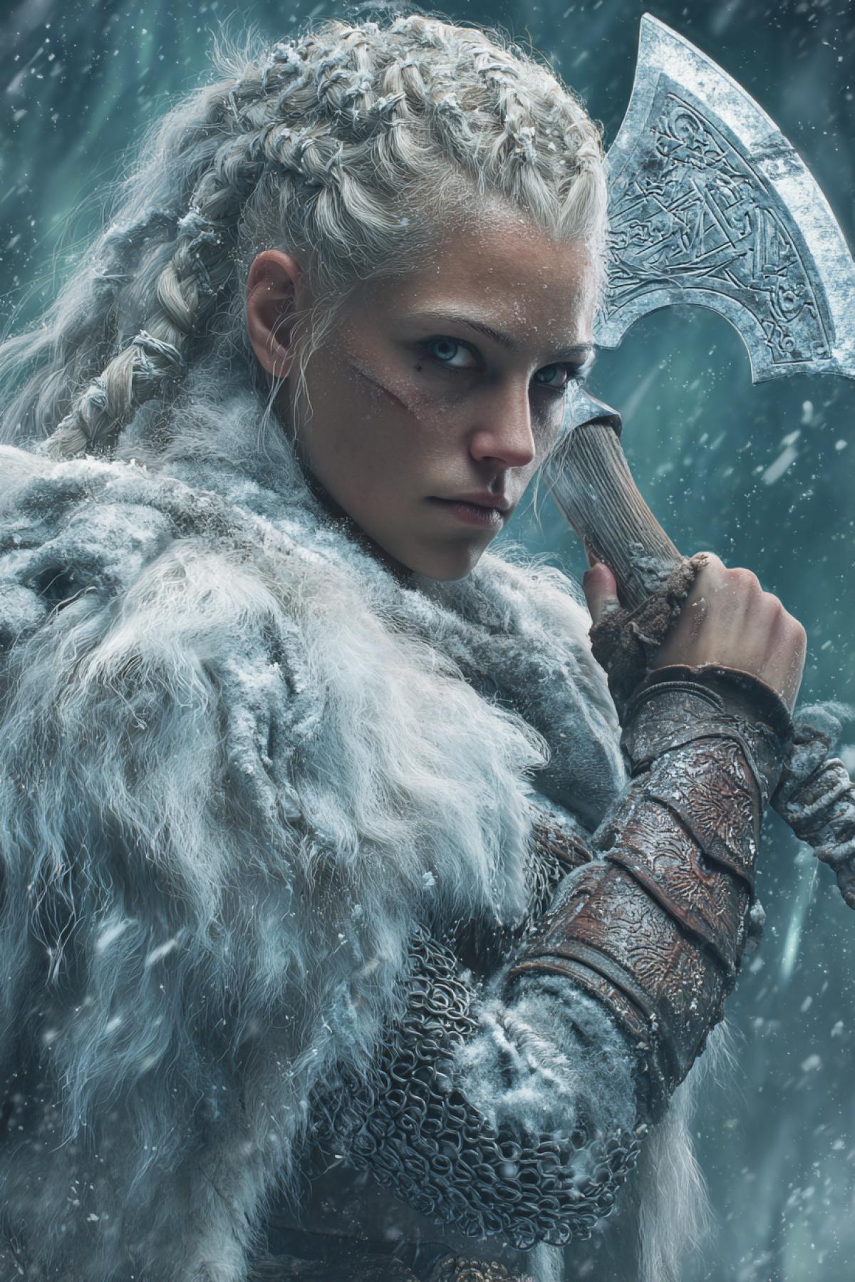 A towering Viking-inspired shieldmaiden in hybrid chainmail and lamellar armor, her fur-lined cloak billowing in an arctic storm. Ice crystals cling to her braided platinum hair as she raises a massive Dane axe, glowing runes etched into its blade. Hyper-detailed, 8K, fantasy realism, with aurora borealis casting ethereal light on the frozen battlefield