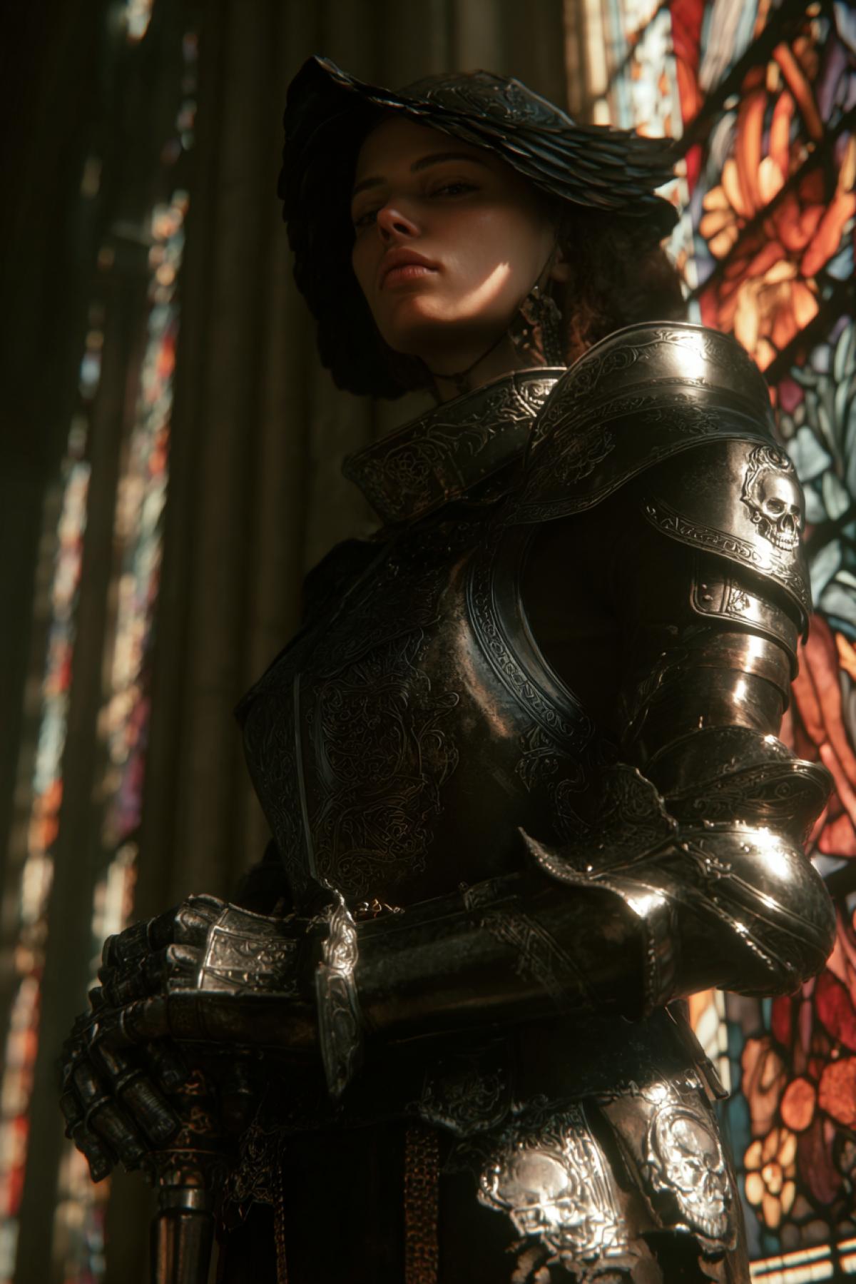 A mysterious female knight in darkened plate armor with a raven-winged bevor, standing in a candlelit cathedral. Her visor is lowered, luxury only piercing eyes, while her gauntlets rest on a cool flanged mace. The stained glass windows cast colored shadows on her tabard embroidered with a white skull. Dark medieval aesthetic, 8K, Caravaggio-style chiaroscuro