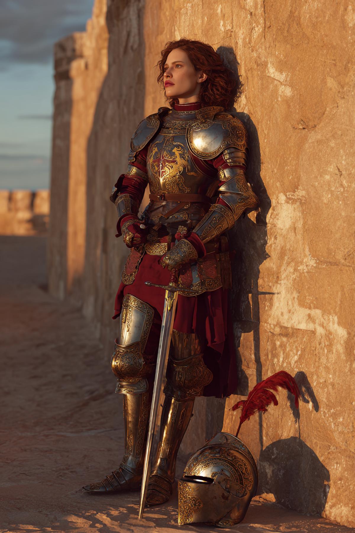 A noble Spanish warrior woman in full 15th-century Gothic plate armor with intricate Toledo steel engravings, standing atop a sun-baked fortress wall. Her burgundy velvet tabard bears the golden lion of Castile, while a morion helmet with a crimson plume rests at her hip. One hand grips a slender rapier, the other adjusts a leather glove, her piercing gaze fixed on the horizon. Hyper-realistic 8K, dramatic sunset lighting casting long shadows on the sandstone battlements, Renaissance portrait style with Caravaggio-esque contrasts