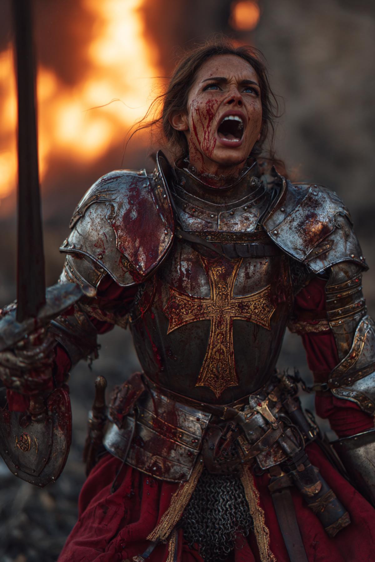 A fearless Spanish noblewoman in full battle-worn 16th-century plate armor, standing defiantly atop a smoldering battlefield at twilight. Her darkened steel cuirass bears deep sword scars and the faded golden cross of Santiago, while her crimson cape whips violently in the wind. red liquid streaks her gauntlet as she raises a notched Toledo rapier toward the enemy lines, lips parted in a furious battle cry. Behind her, a collapsing fortress burns, casting hellish orange light on her sweat-streaked face and wild, dark eyes. Ultra-realistic 8K, dynamic war photography style with smoke, embers, and crushing depth of field, echoing the drama of Spanish Baroque art