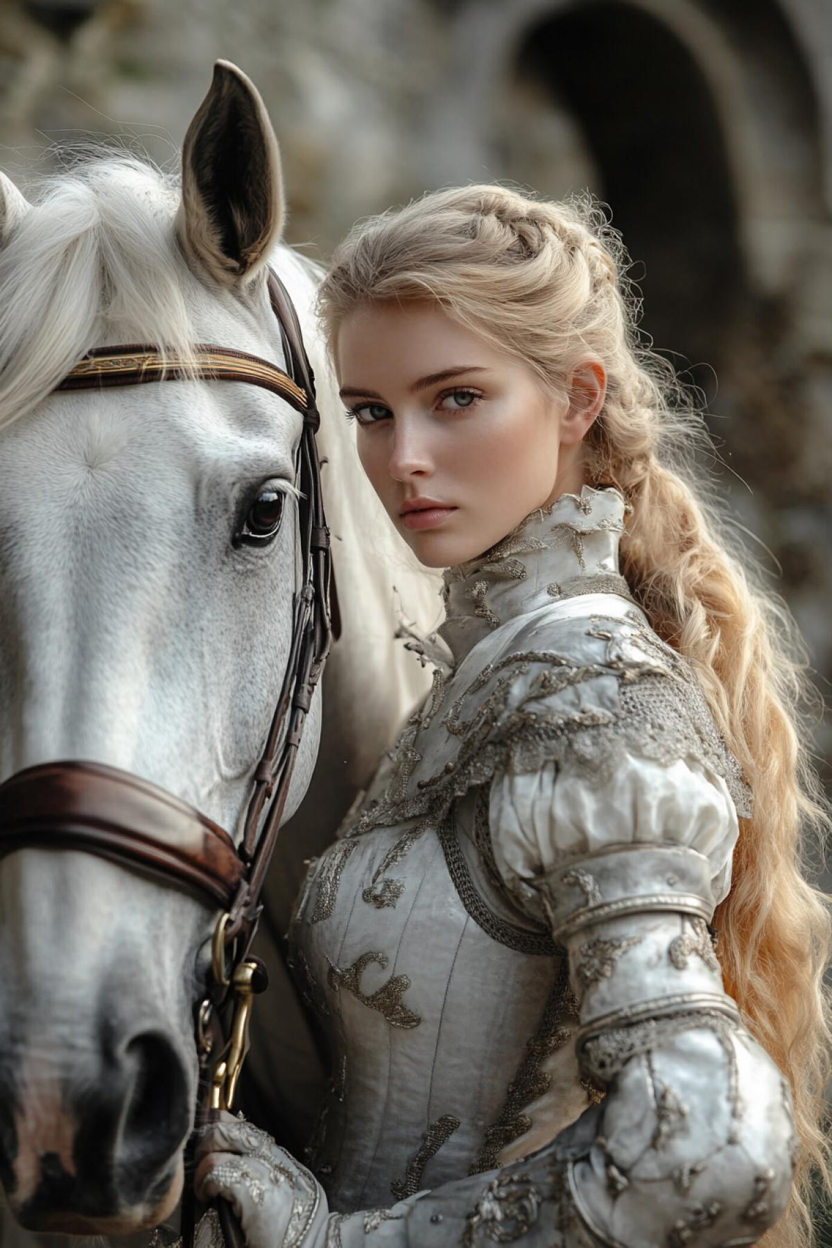 Girl blonde in knightly uniform in a beautiful horse. Style Realism