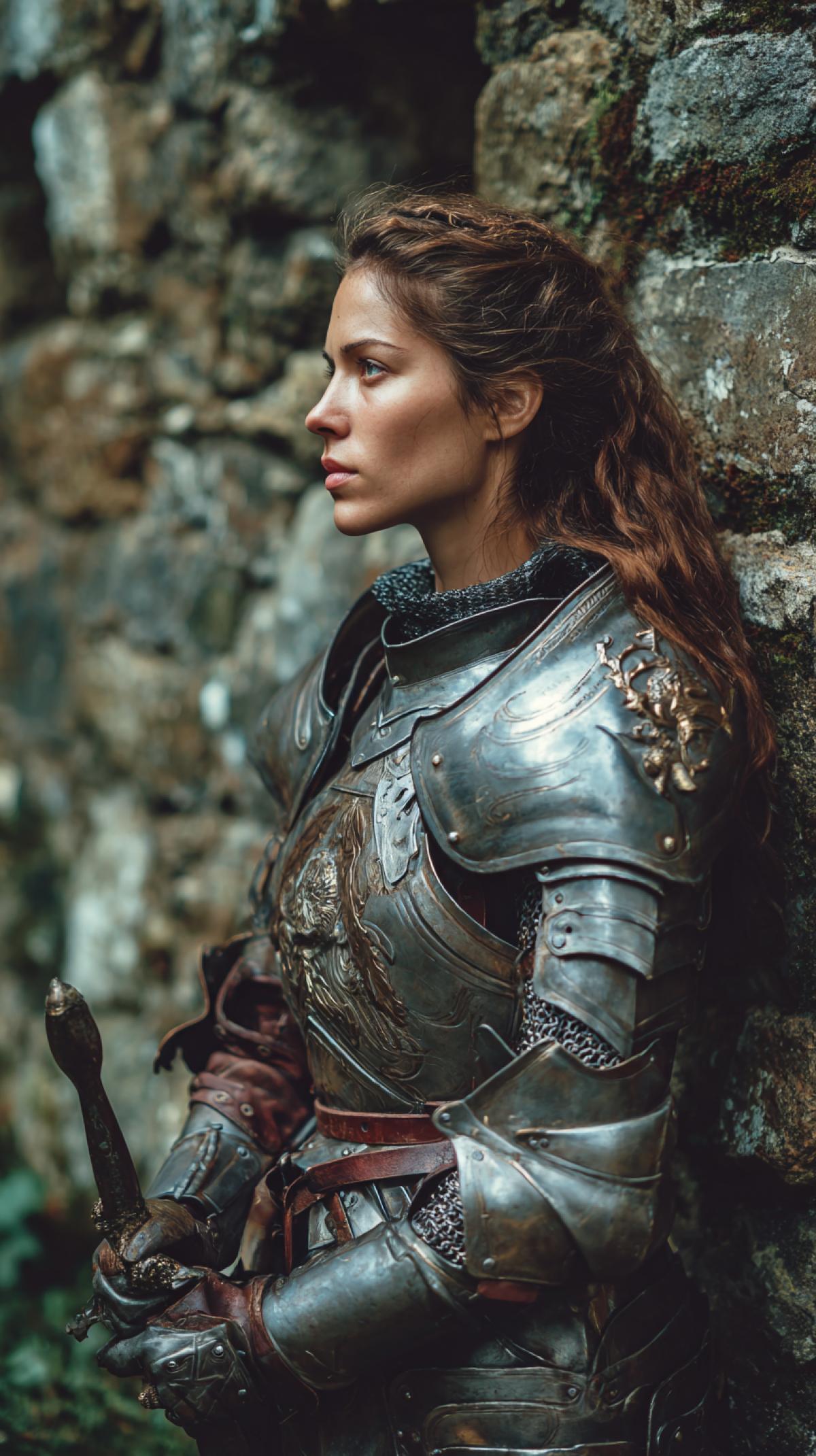 Warrior woman in knightly armor at the stone wall