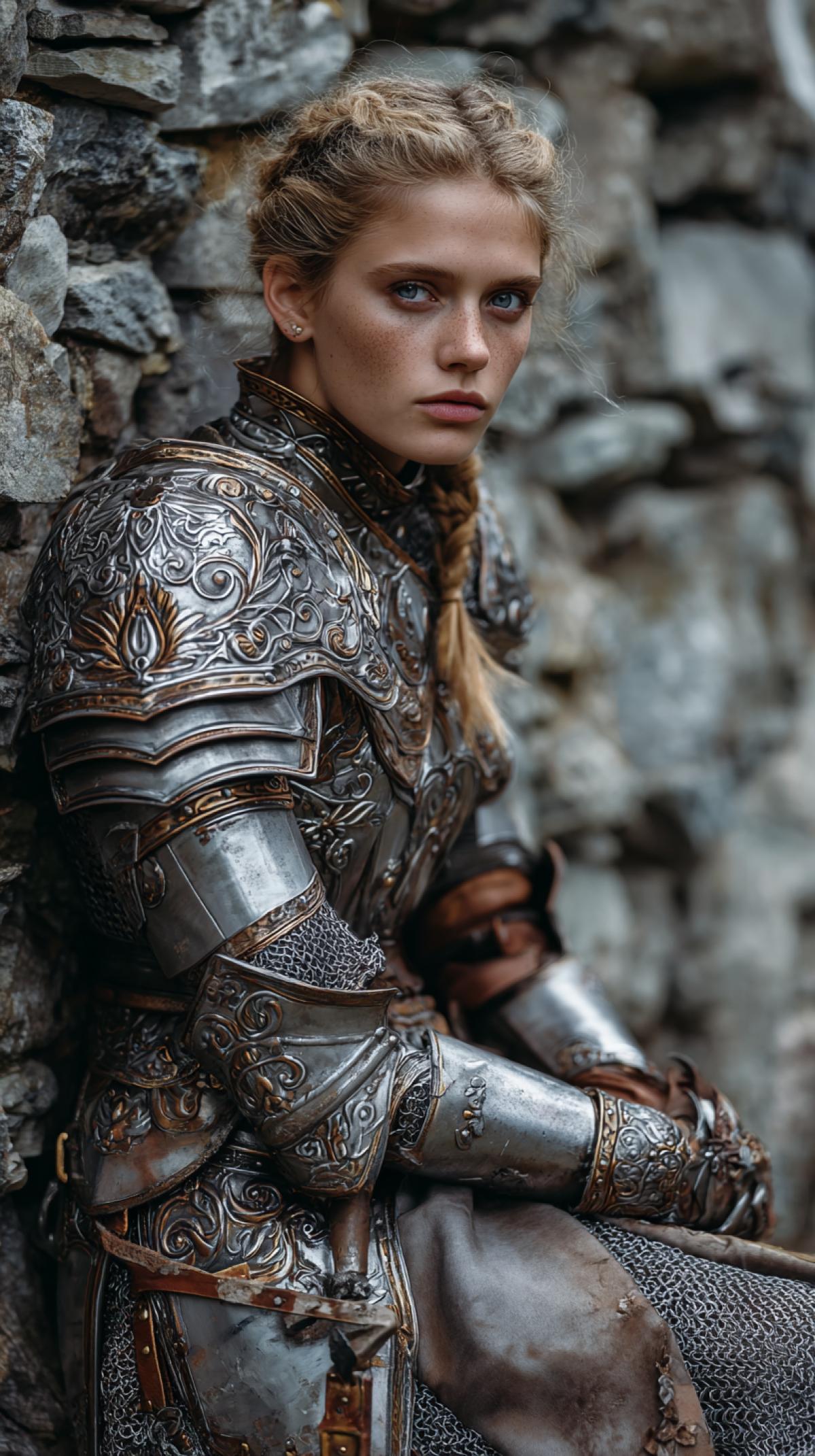 Warrior woman in knightly armor at the stone wall