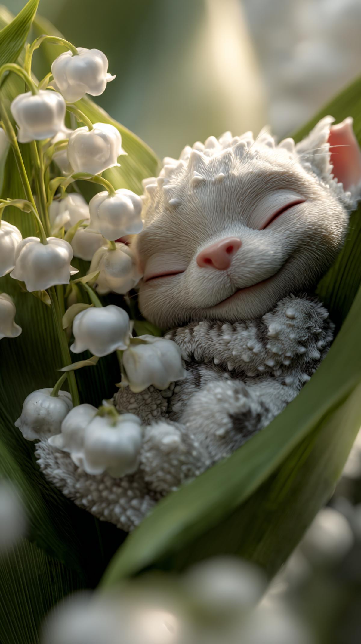 macro, glamour, luxury, photorealism. Cute unusual 3D character | Adorable tiny furry sleepy cartoon white gargoyle with furry adorable white tiger cub smiling in his sleep sleeping under a large lily of the valley flower. Close-up | bokeh. Cartoon rendering; serene expression ar 3:4