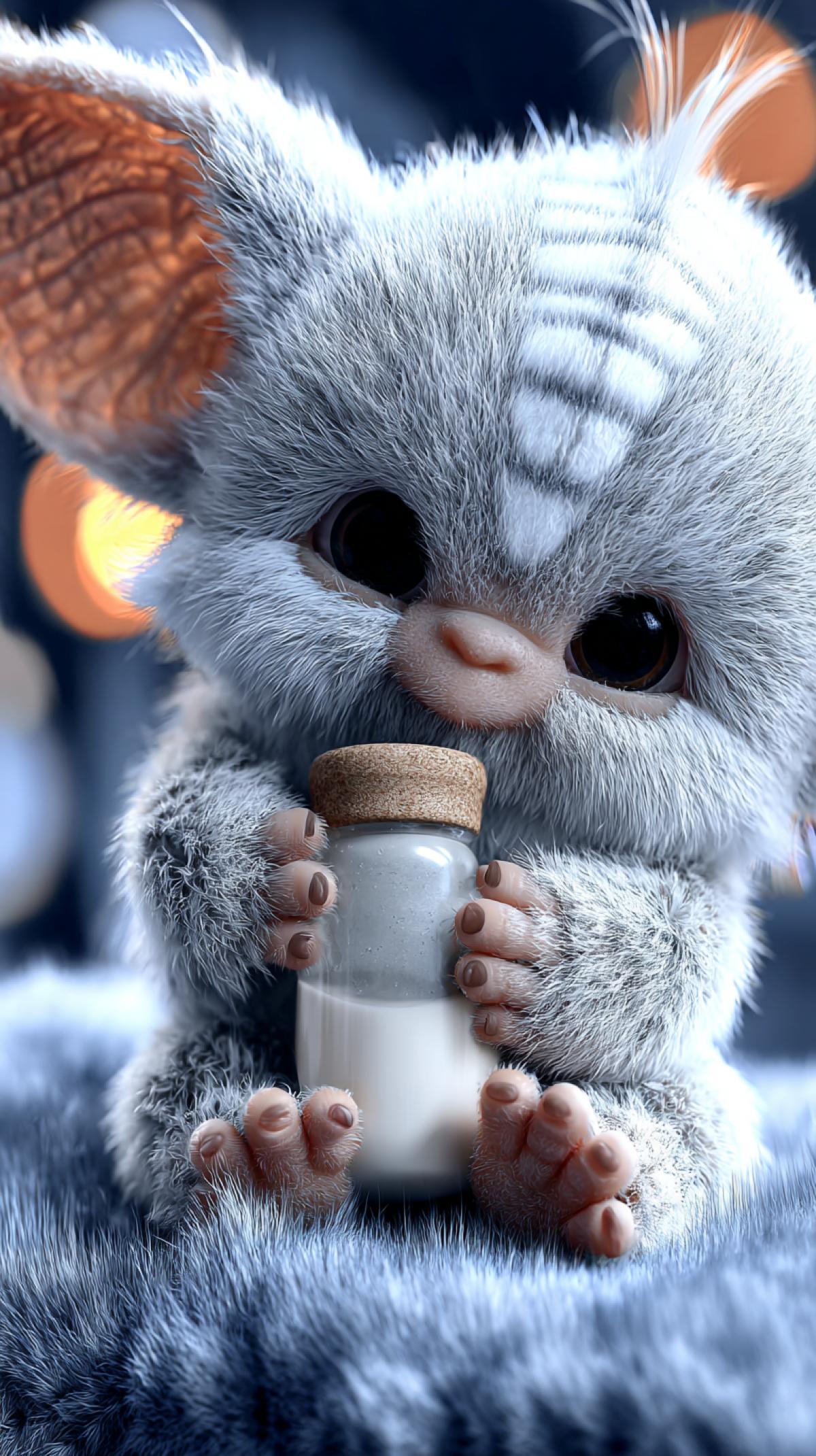 Cute quirky 3D character | Adorable, fluffy sleepy cartoon white with white stripes baby gargoyle on a soft fur pillow| hugging a bottle with a milk , glowing with built-in LED lights. Fairytale dark blue background with cozy sleep elements | Close-up com4k with centered object | Soft, warm lighting with glowing orange and white highlights | Baby room background, blur, bokeh. Cartoon rendering; bubble texture; serene expression ar 3:4