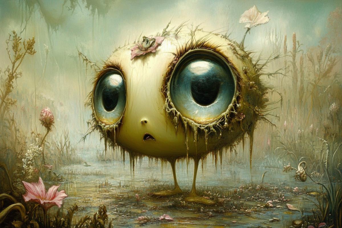 Gentile big creature, large shiny eyes, mystical botanical swamp, grunge, dew, lace, old botanical map, conceptualism, first floor, lumen, professional photo, 1024k, botanical elements, hyperfed, creek botany creature that is angry that crawls out of the swamp, Giuseppina Muro ar 9:16