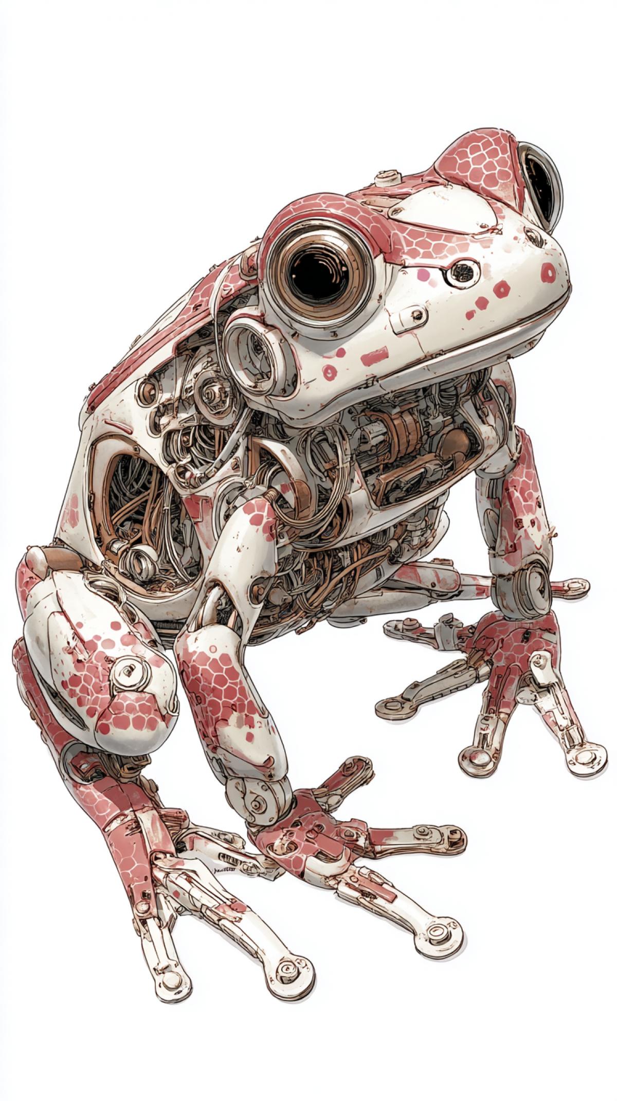 A detailed illustration of a mechanical frog. with a complex internal structure.. The detailed illustration shows a mechanical frog with. a white robot . Its complex internal. mechanisms are visible, including wires, gears and pipes. . The frog has large expressive eyes,. and it squats with its webbed paws spread out. Her skin is covered with a pattern of red spots.. The overall. impression of this futuristic and somewhat exciting. creature. sepia, photo from 3050
