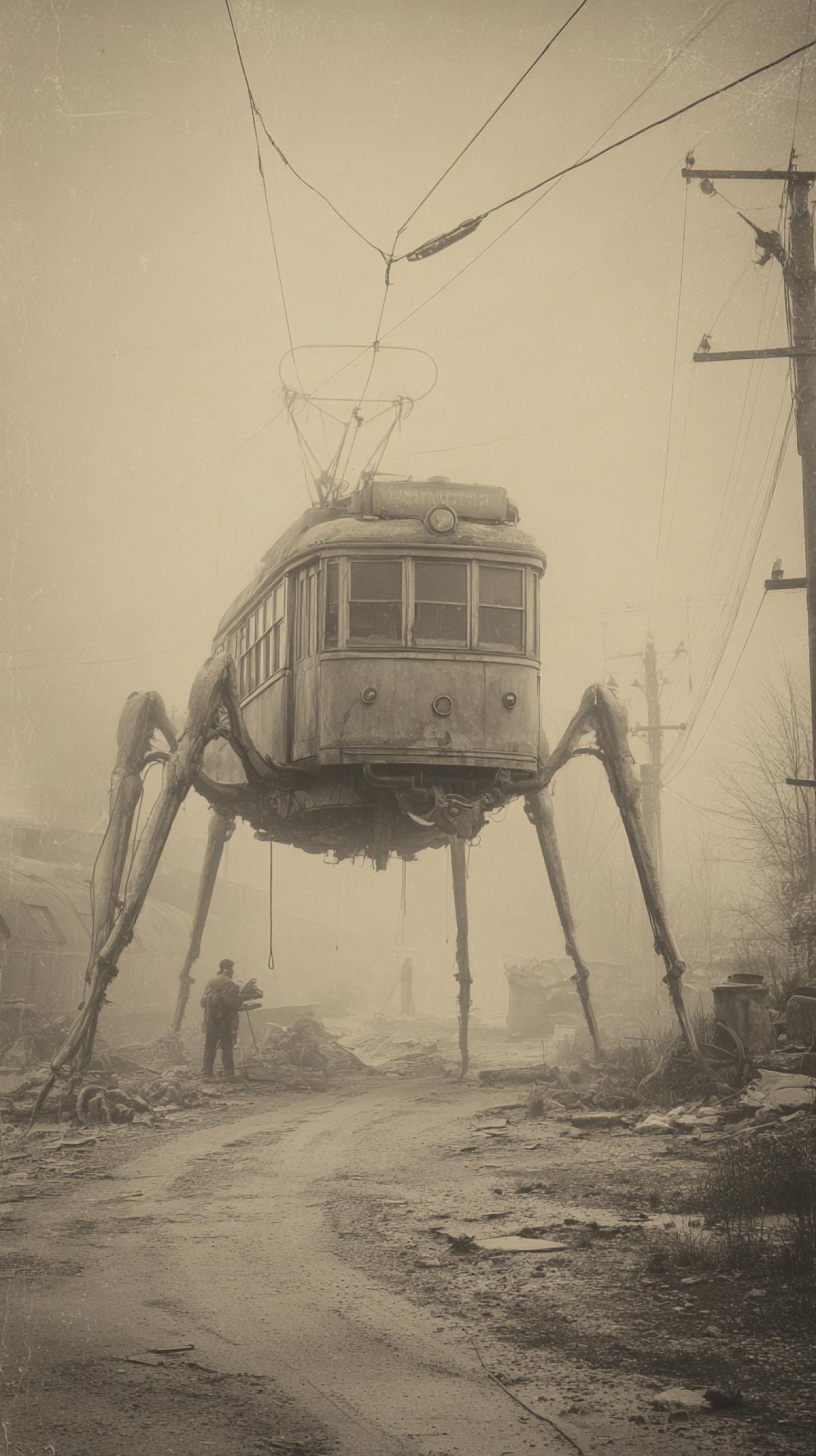 The old Sepia-tied photograph depicts a special, alien, a train with legs, a biomechanoid with the outlines of a train and a spider located in a post-apocalyptic landscape. The scene has a terrible, anxious atmosphere.