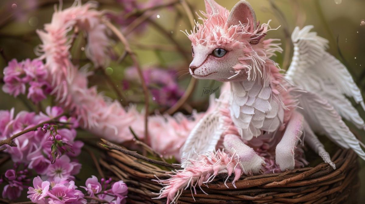 Plush pink dragon with a cat’s head and white swan wings take off deja in the paws of a wicker basket with purple flowers
