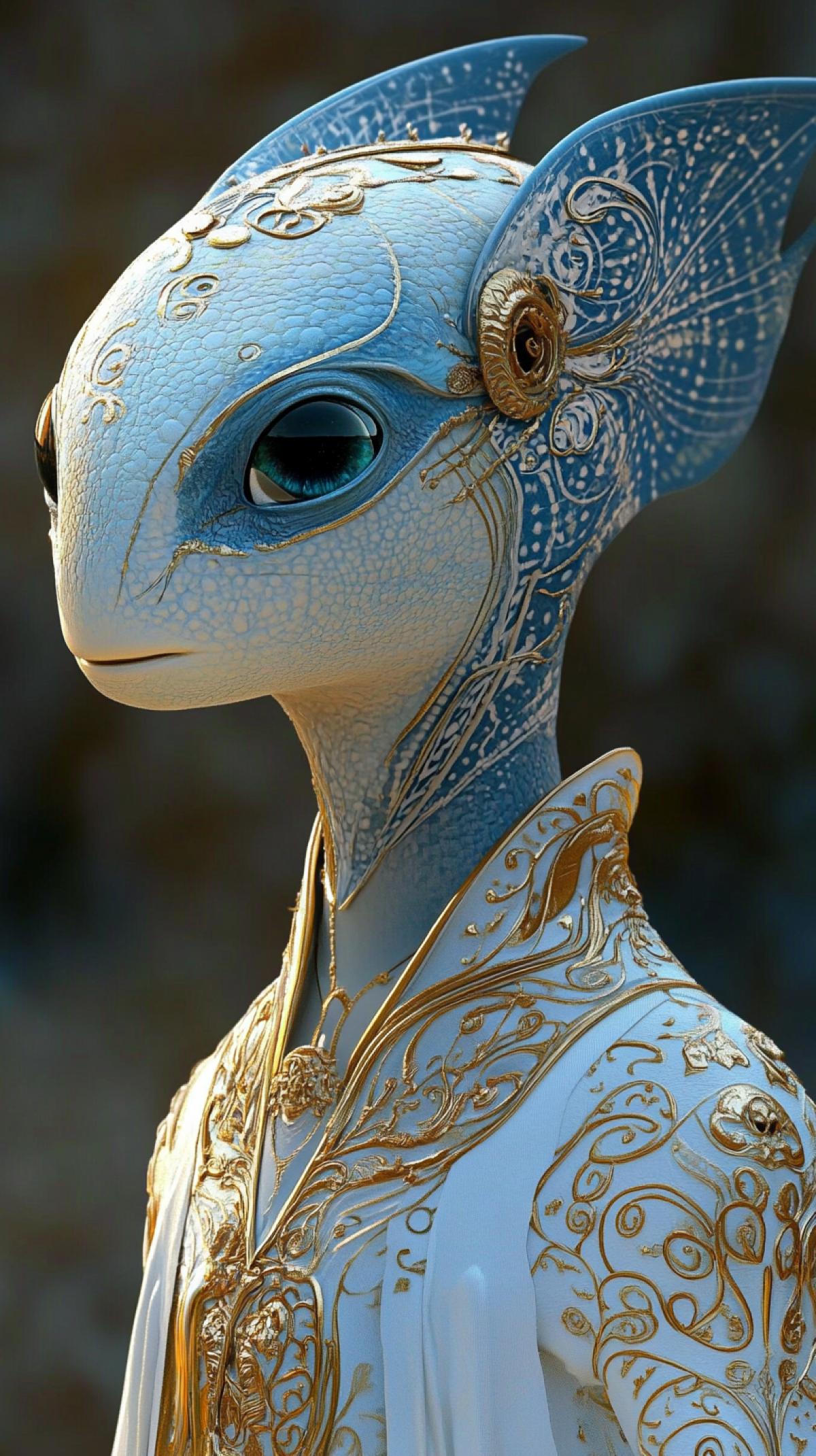 a beautiful alien from Keplermirrorveil. A fantastical creature with a humanoid form, with a large, intricate head of a blue-green hue, decorated with gold patterns and a single eye. The creatures is covered in textured blue-green skin and scales, it has an intricate fin on its head, and it wears a white and gold robe with a high collar and detailed embroidery. ar 3:4 stylize 750
