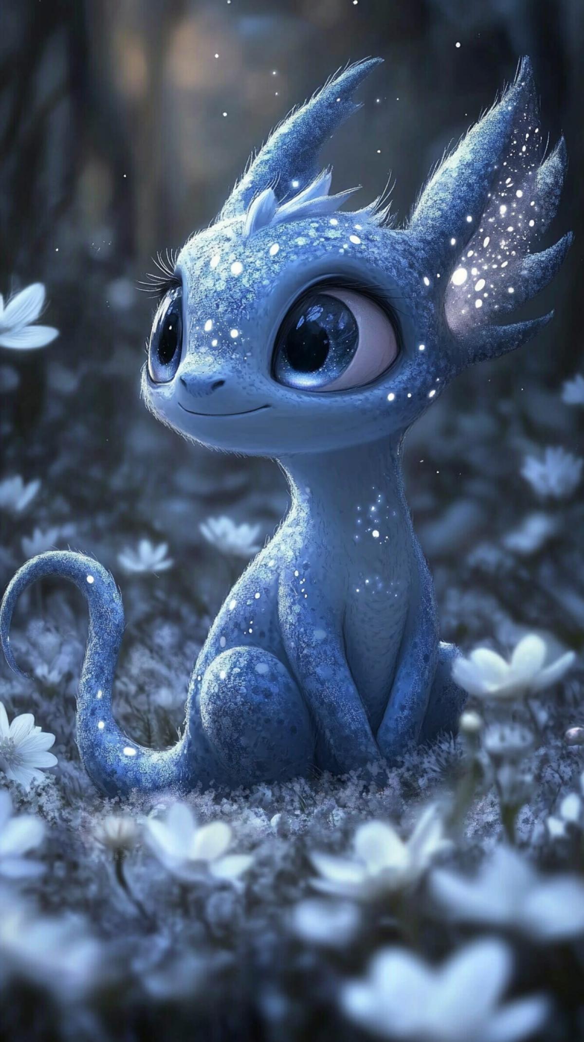 A whimsical fantasy design featuring a small blue dragon-like creature with large expressive eyes, long soft ears, and a long curved tail, sitting in the middle of a field of white flowers. The creature has a soft, fur-like texture and is adorned with small shimmering spots that give it a magical appearance. The background is washed out twilight colors, suggesting a serene, enchanted forest. The creatures 4k is gentle and curious, as if it were watching a star.