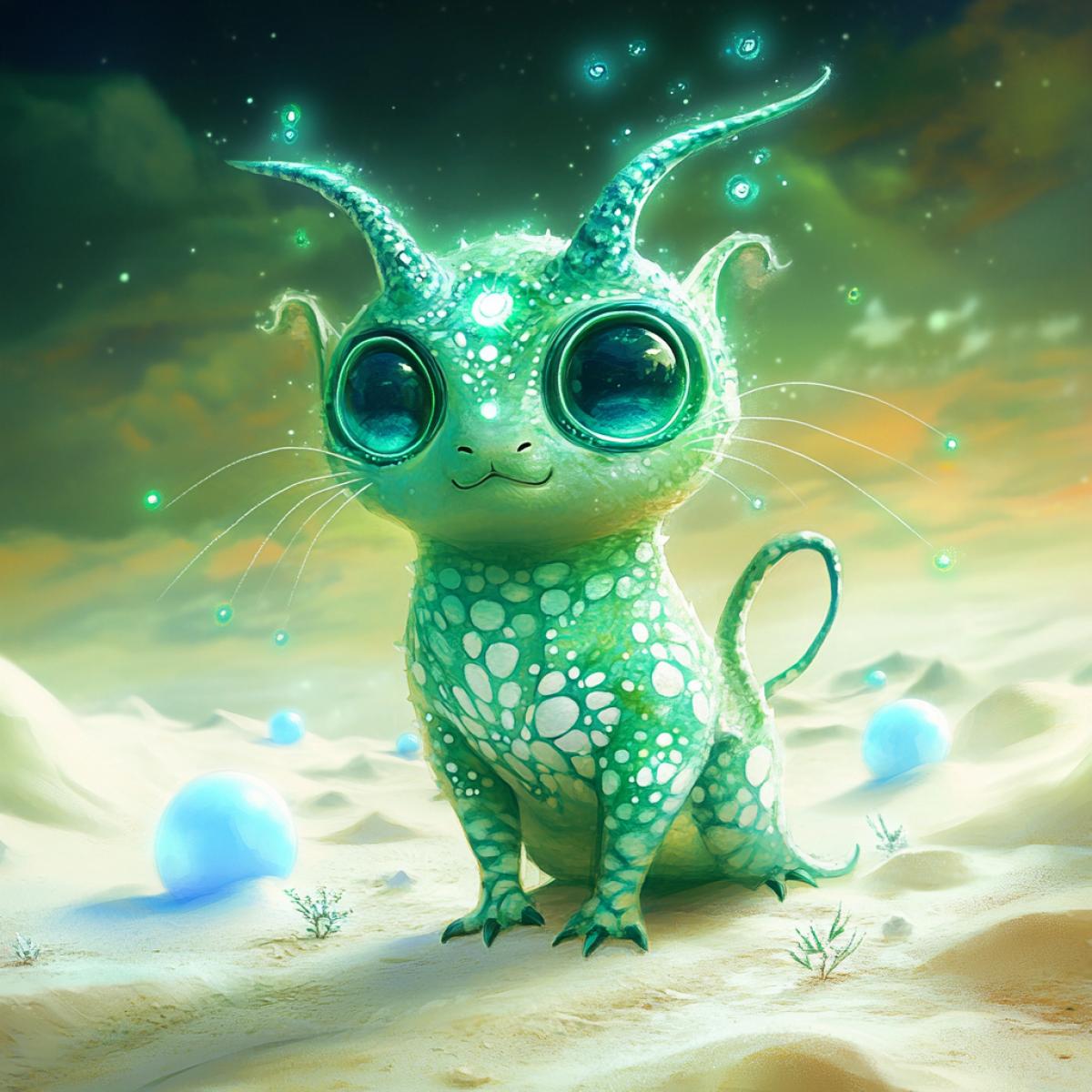 Alien landscape under a green sky with multi-colored clouds, in the foreground a close-up of a charming alien creature with , glowing blue skin with a floral white pattern, soft rounded shapes and large blue eyes and green neon horns on its head, it has six paws, it stands on snow-white sparkling sand, surrounded by glowing grains of sand flying in the wind and transparent crystals, the background is a desert with glowing blue balls, an atmosphere of mystery and magic, a sense of mystery and beauty