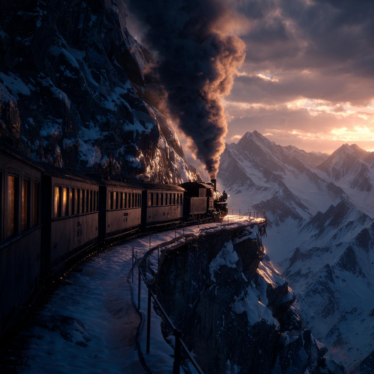 `Sunset over snow-capped mountains, powerful vintage steam locomotive emitting thick smoke, traversing winding tracks along a cliff edge, deep shadows, warm light from train carriage windows, atmospheric perspective, fog in the valley, highly detailed, cinematic style, epic lighting
