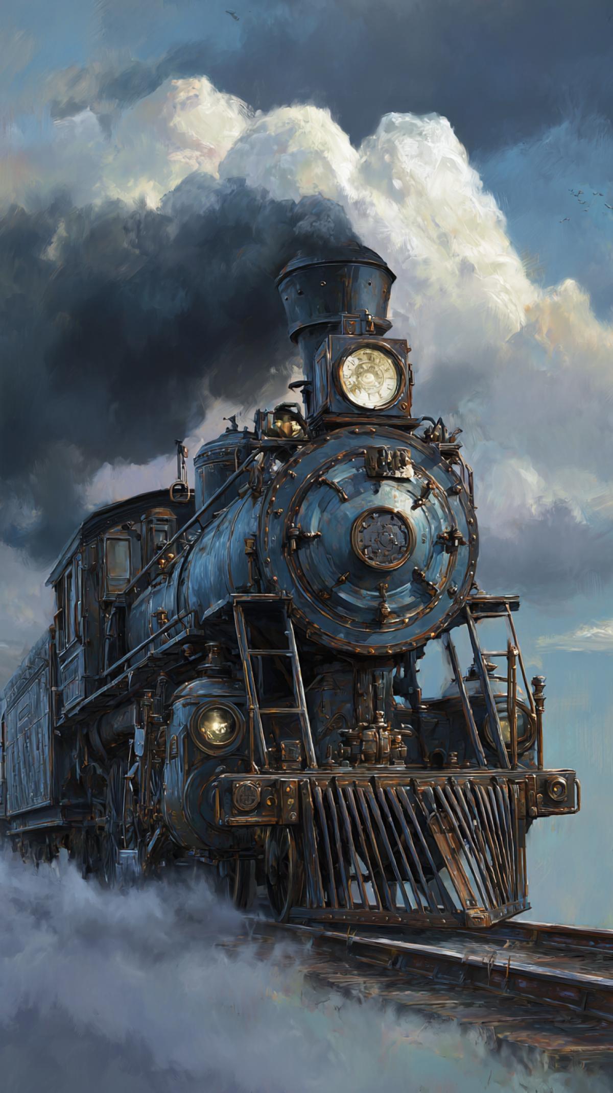 The steam locomotive of the time taking off by rail, smoothly passing into fiery rails to the sky, time travel, steampunk